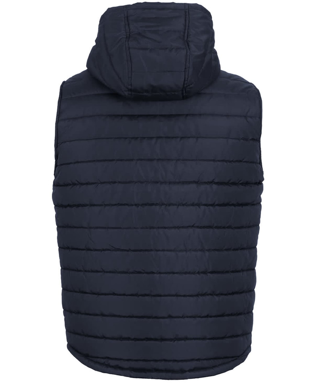 A dark navy hooded puffer vest featuring a quilted design and a hood at the back. It has a logo.
