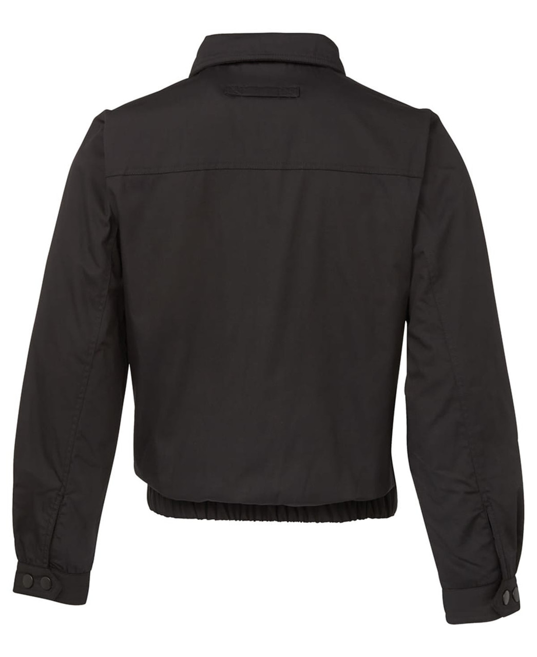 A black polar fleece jacket with a cropped design and gathered hem, featuring a collar and buttoned cuffs.