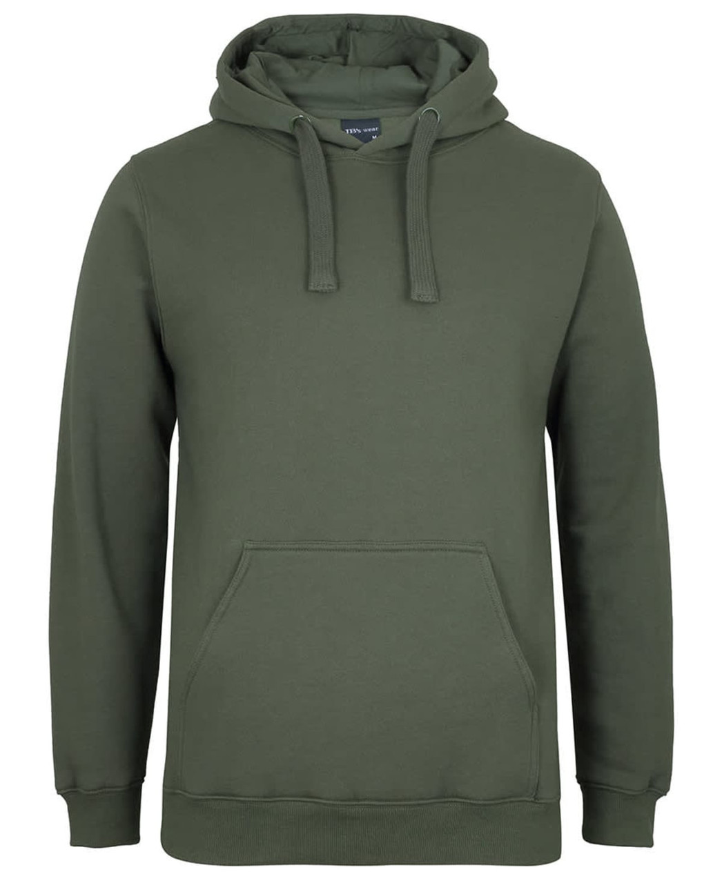 A green hoodie with a front pocket and drawstring hood, featuring a small logo on the chest.