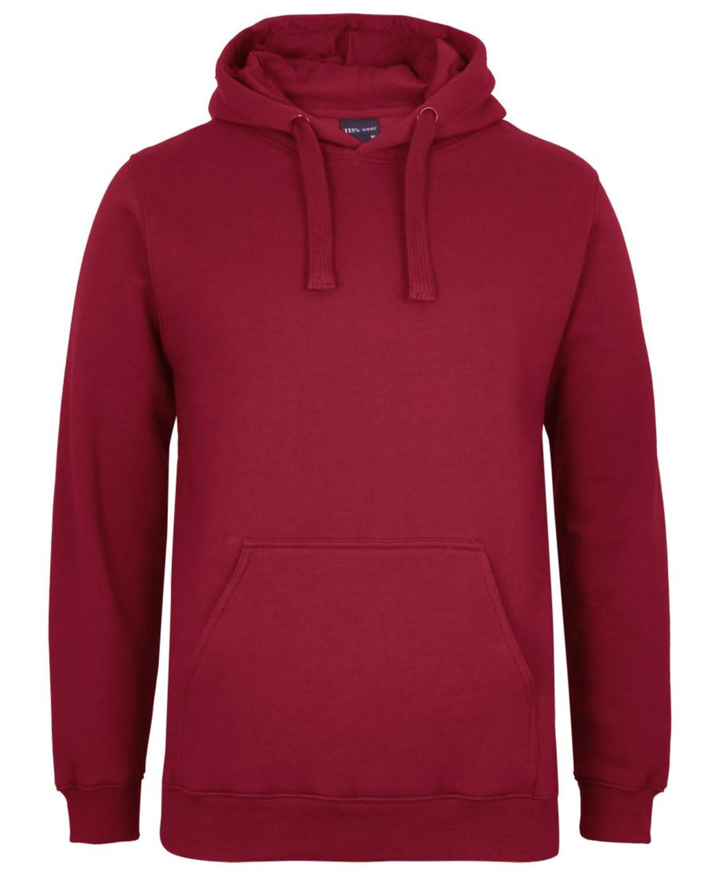 A maroon hoodie with a front pocket and drawstring hood. It features a logo on the chest area.