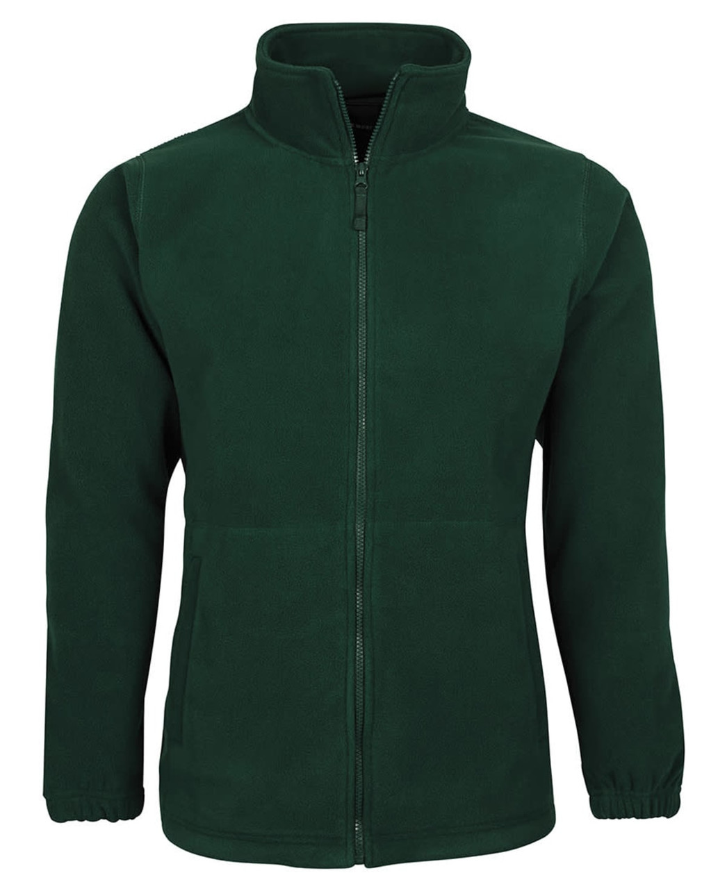 A polar fleece jacket in a deep green colour featuring a full zip and two side pockets, with a logo on the front.