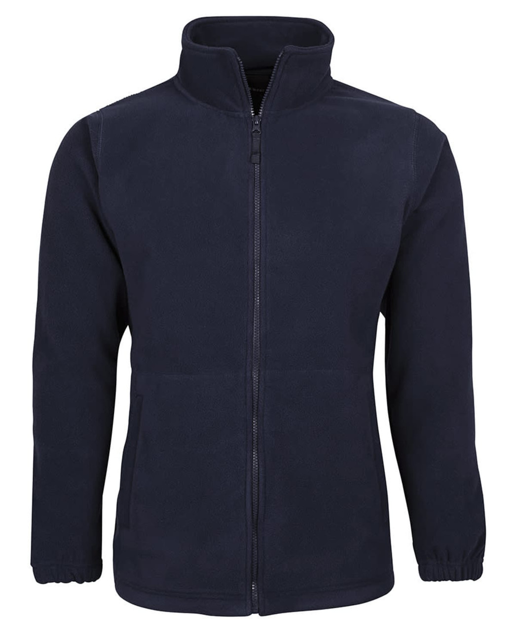 A navy polar fleece jacket featuring a zip front and pockets, with elastic cuffs and a stand-up collar.
