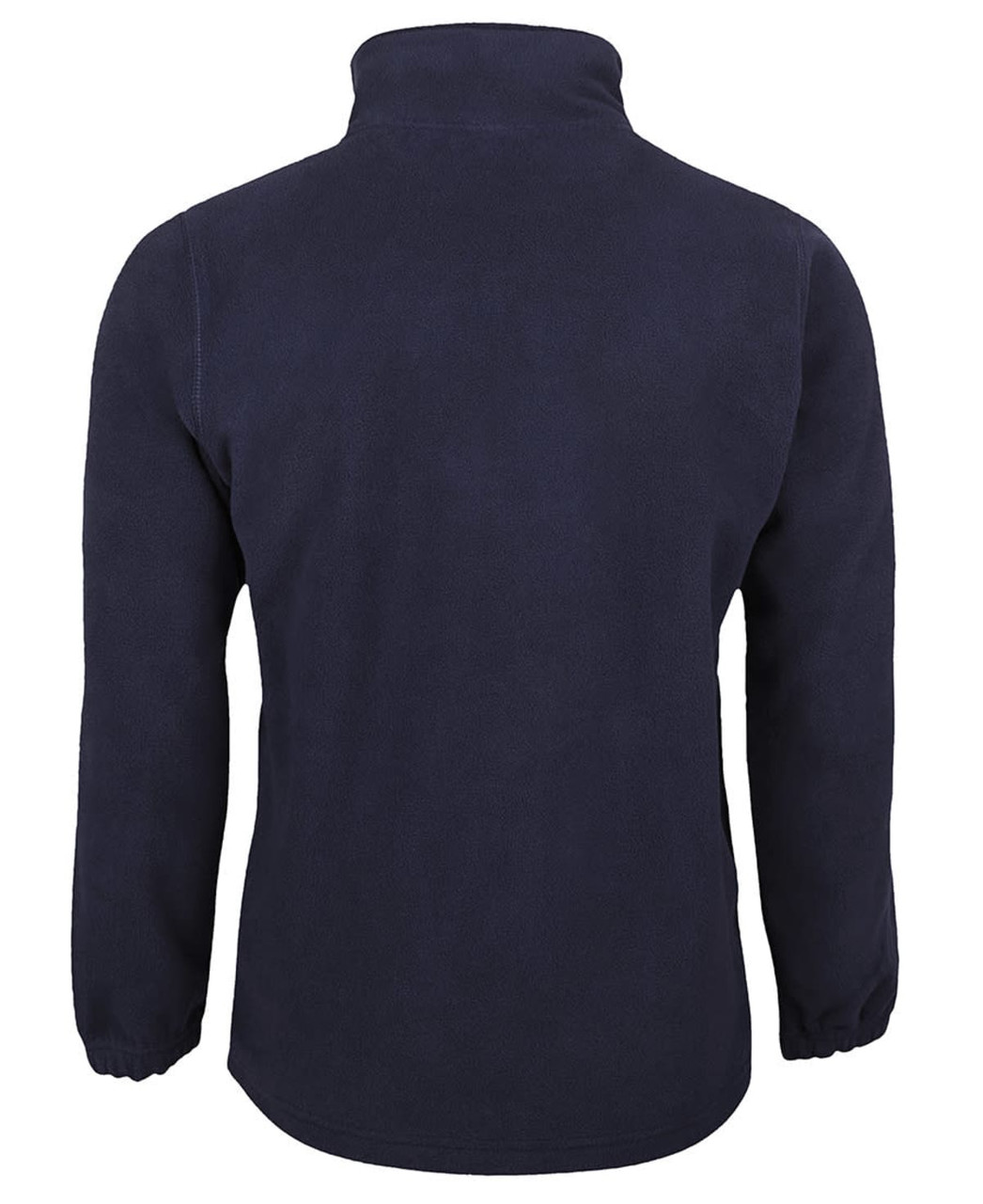 A navy polar fleece jacket featuring a high collar and long sleeves, with a branding logo on it.