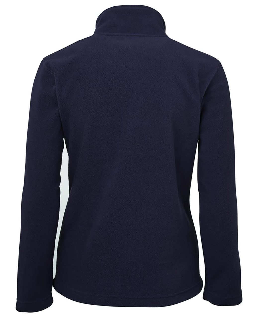 A navy blue polar fleece jacket with a full zip and high collar, featuring a branding logo.