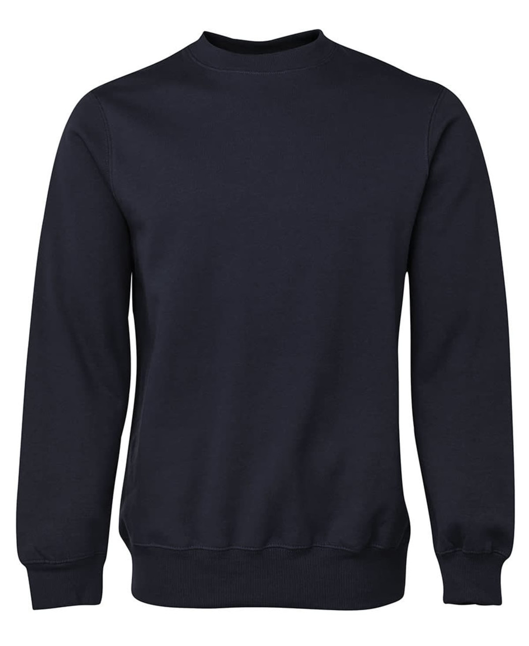 A navy blue jumper with a round neckline and long sleeves, featuring ribbed cuffs and hem. It has a logo.