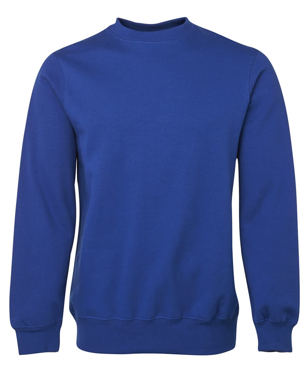 A blue jumper with a round neckline and long sleeves, featuring a plain design and a logo.