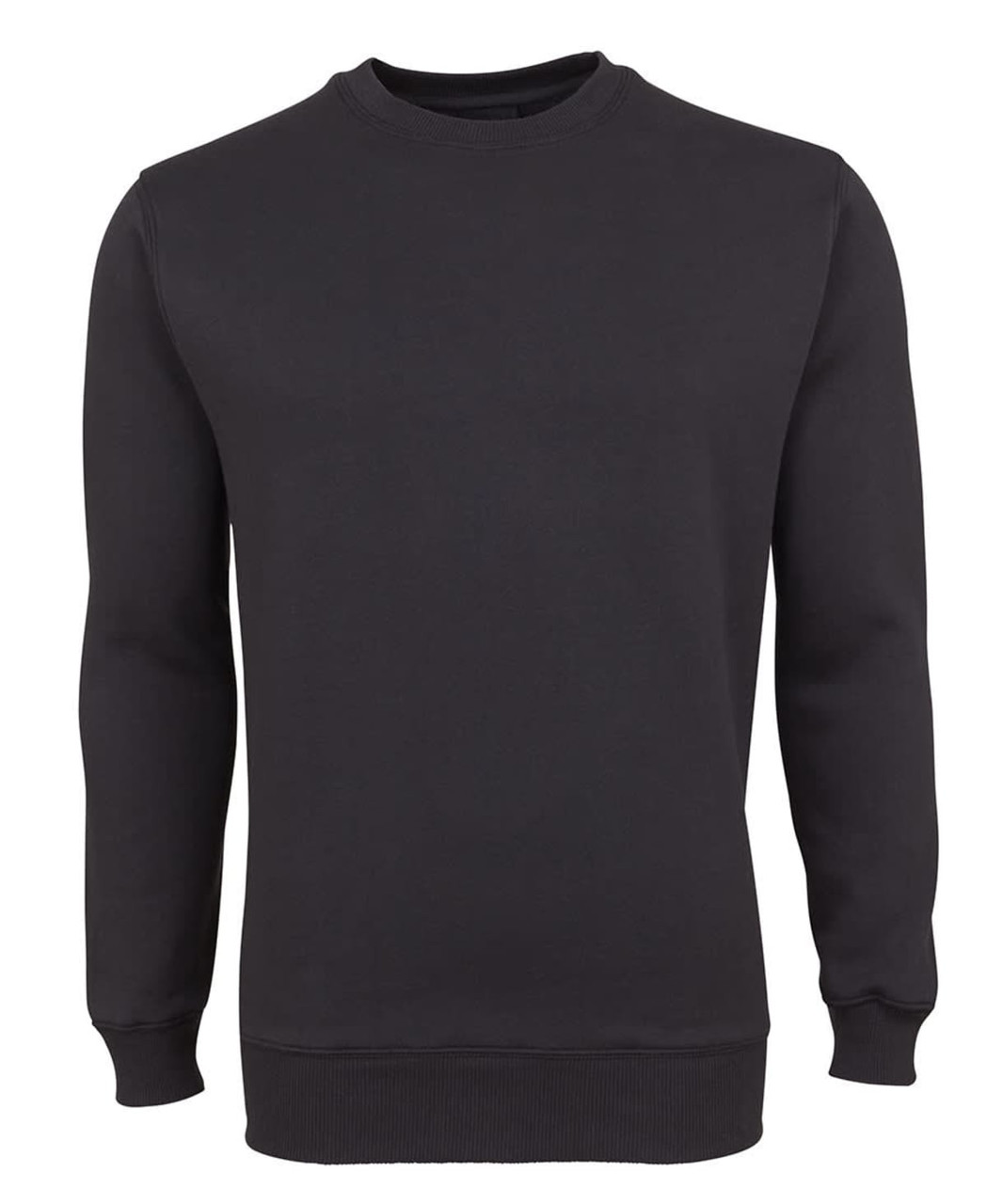 A black jumper with a crew neck and long sleeves, featuring a fitted waistband and cuffs. It has a logo on the front.