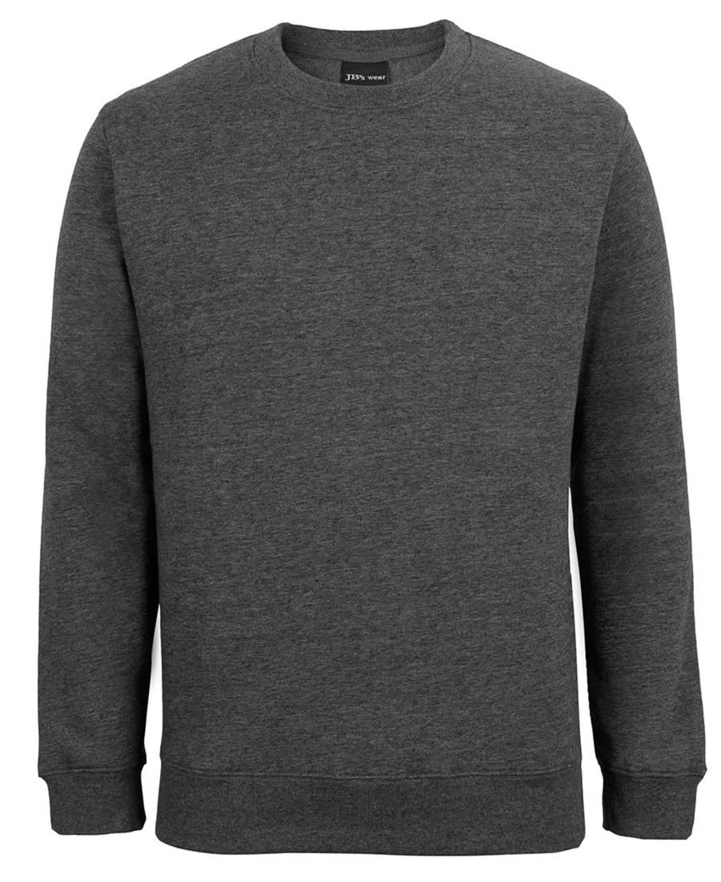 A grey jumper with long sleeves and a round neck. It has a logo at the neckline.
