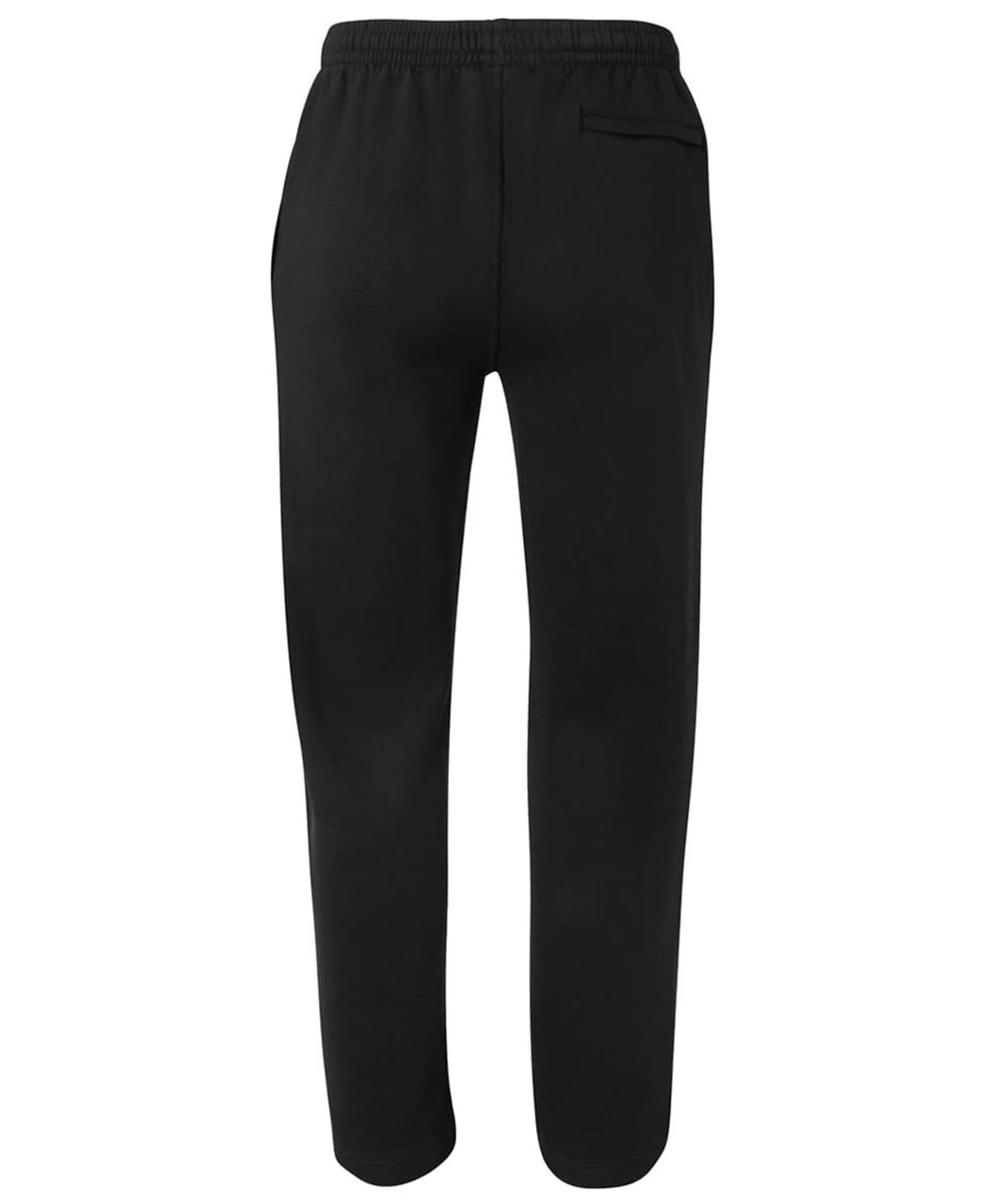 Black fleece track pants featuring a back pocket and an elastic waistband, suitable for casual wear.