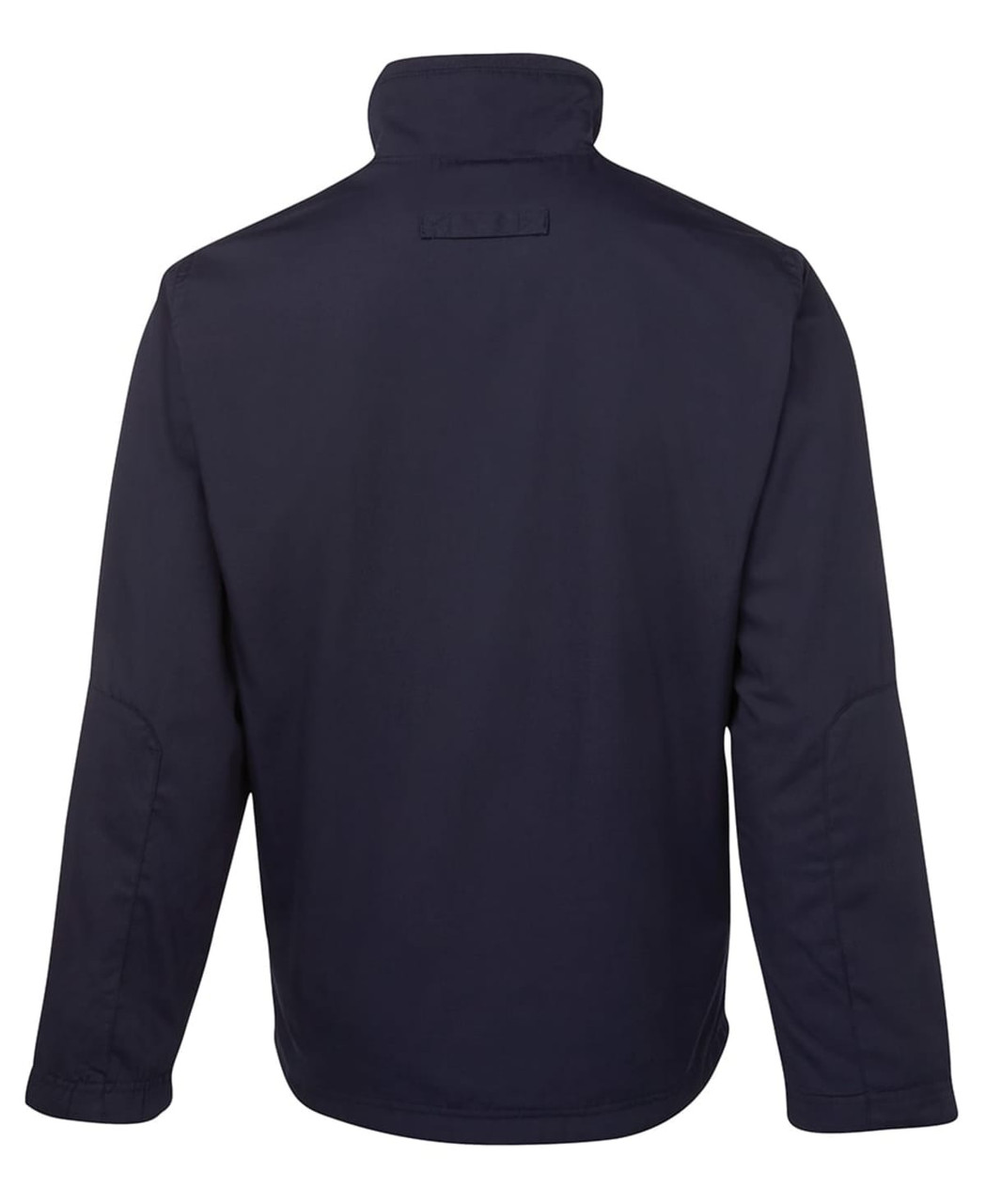 A black jacket with a high collar and long sleeves, featuring a plain design and a logo.