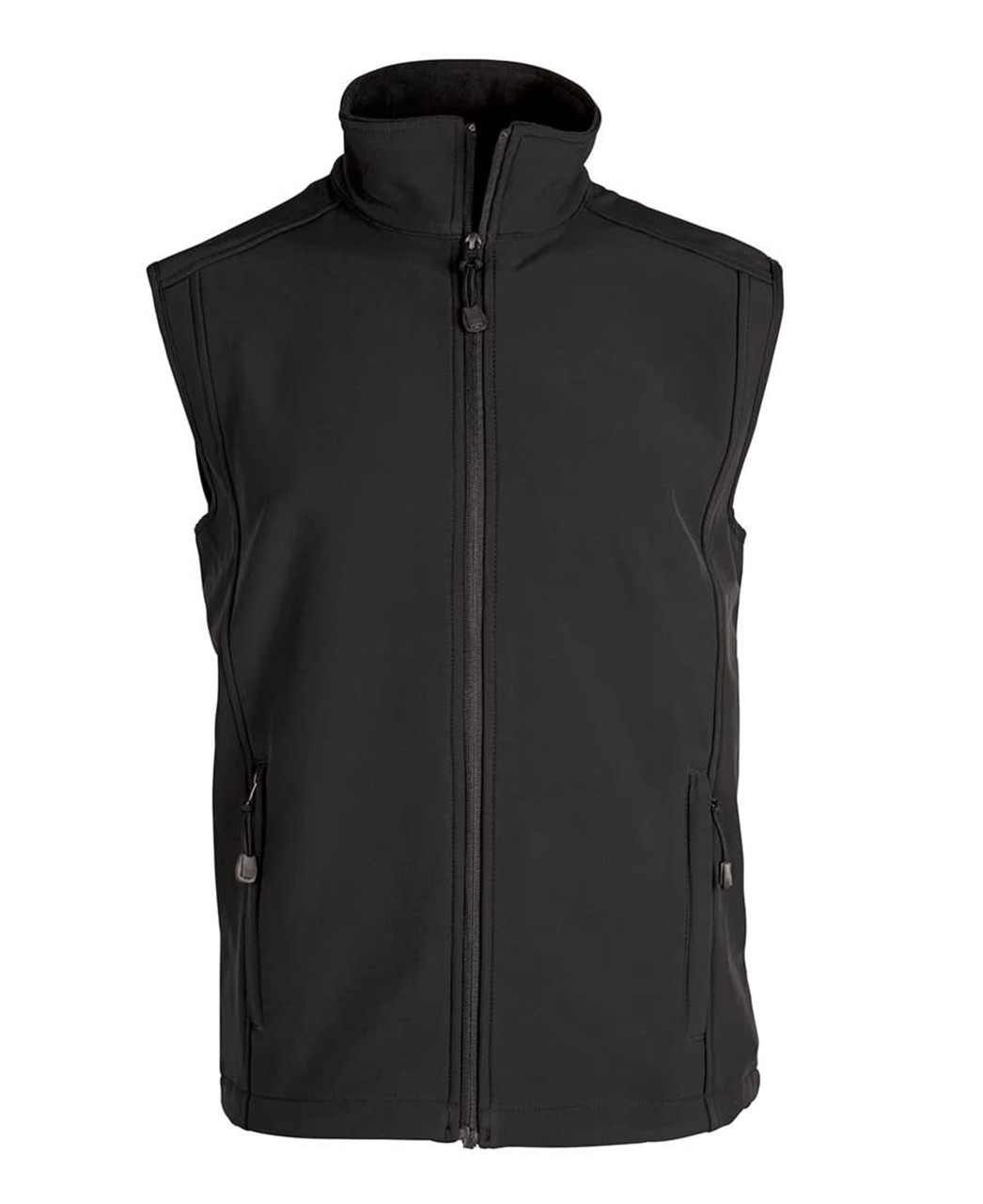 A black softshell vest with a stand-up collar and zippered pockets. It features a logo on the front.