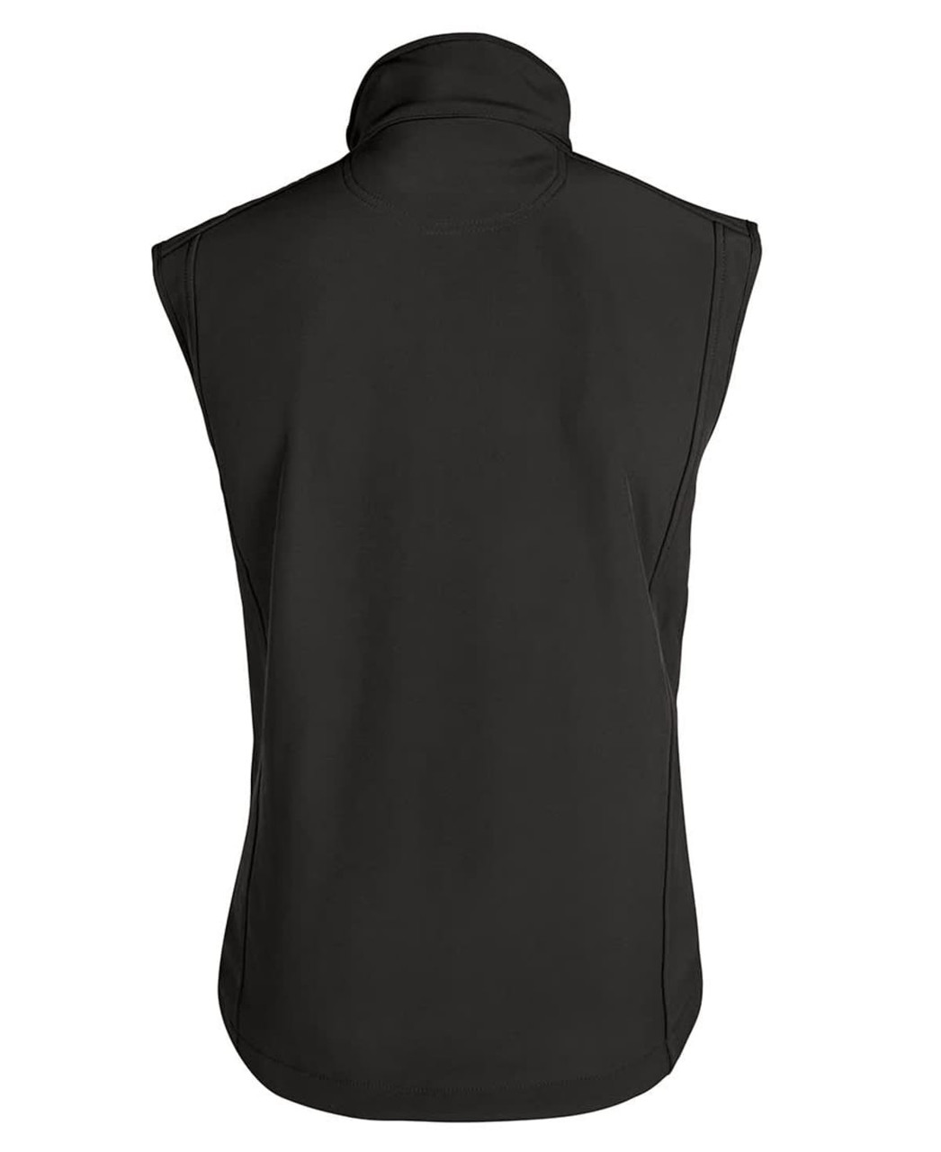 A black softshell vest with a high collar and no sleeves, featuring a stylish design and a logo.