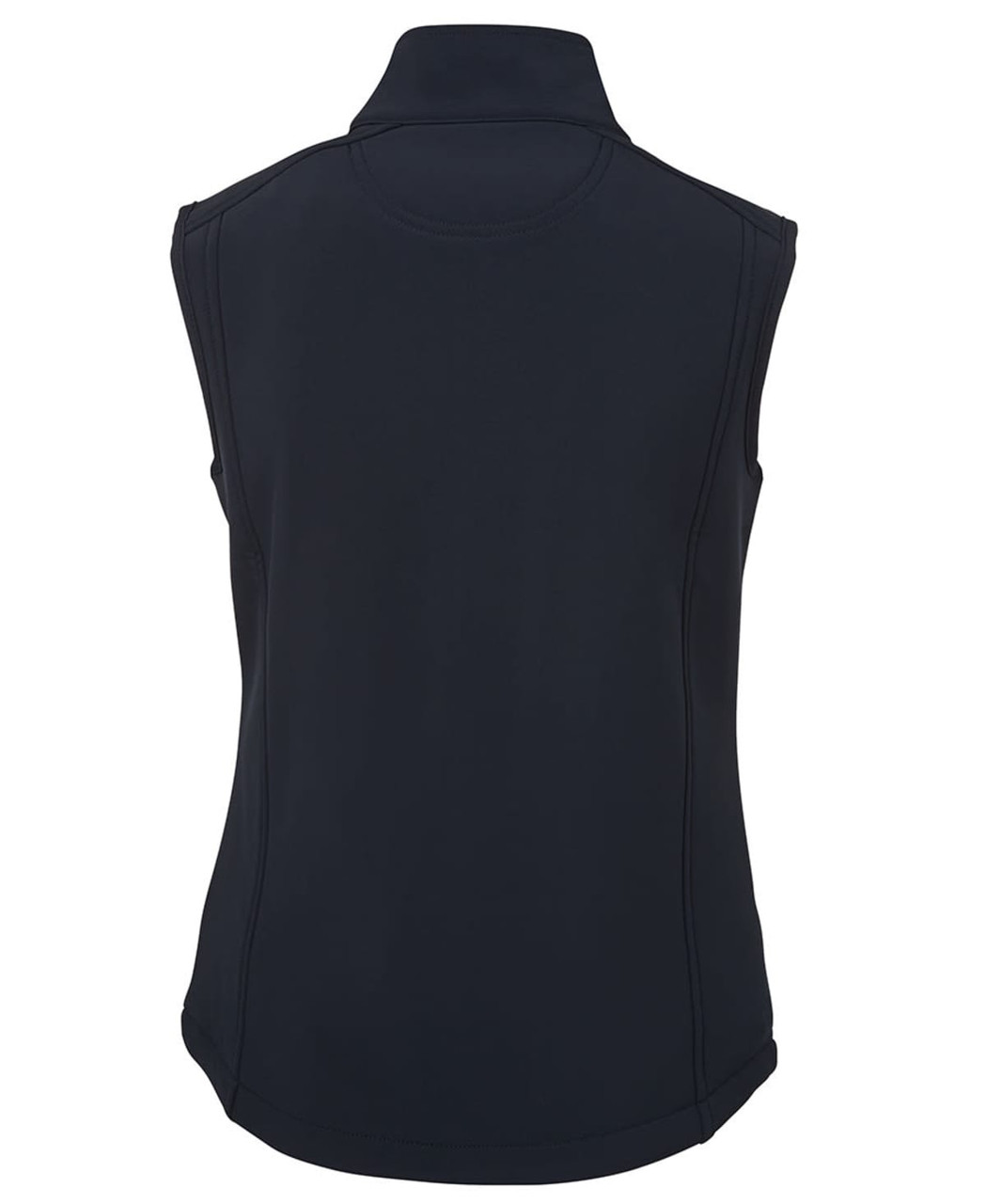 A dark navy softshell vest featuring a high collar and sleeveless design, with a logo on the back.