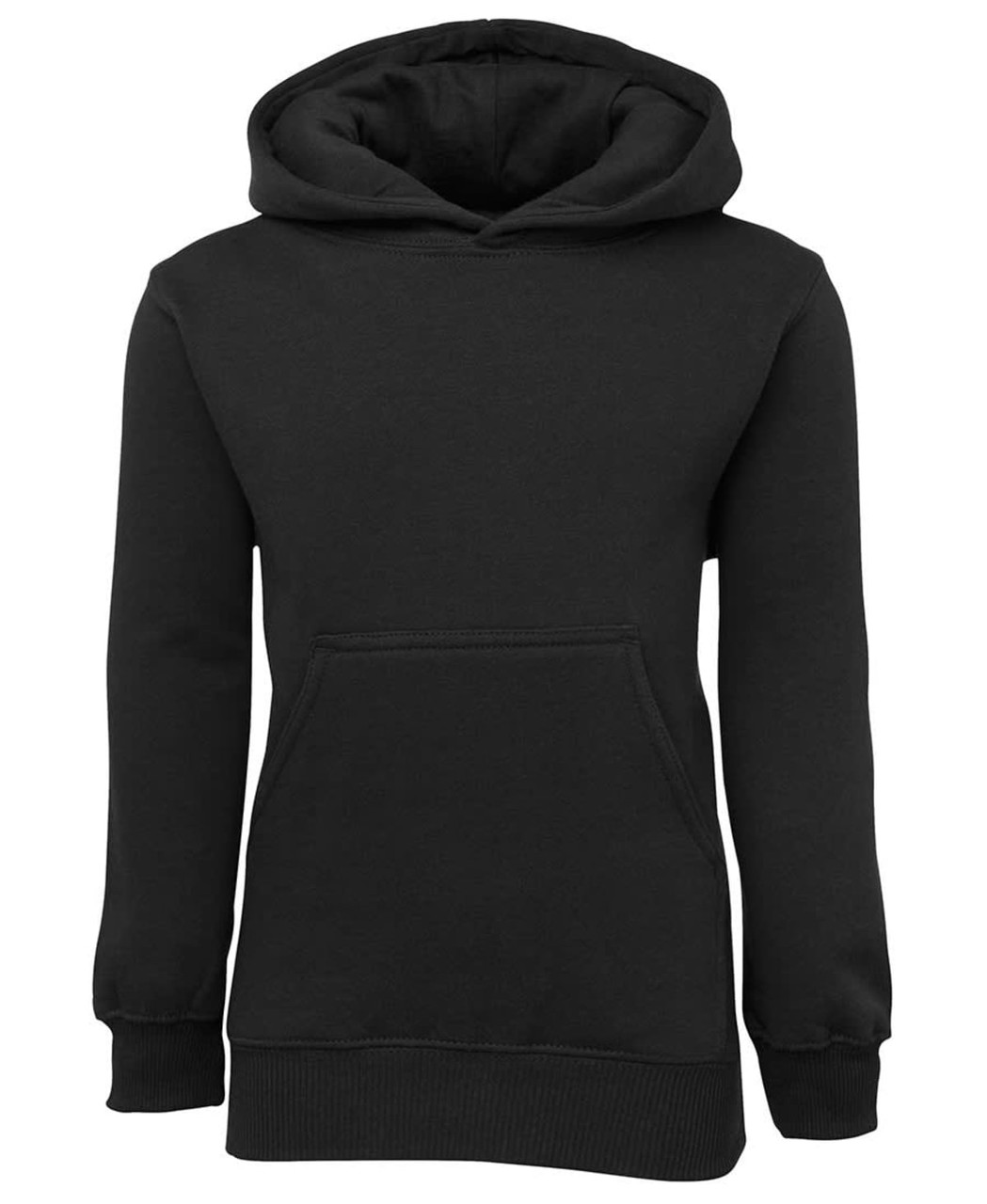 A black fleecy hoodie featuring a front pocket and a hood, ideal for kids. It has a branded logo.