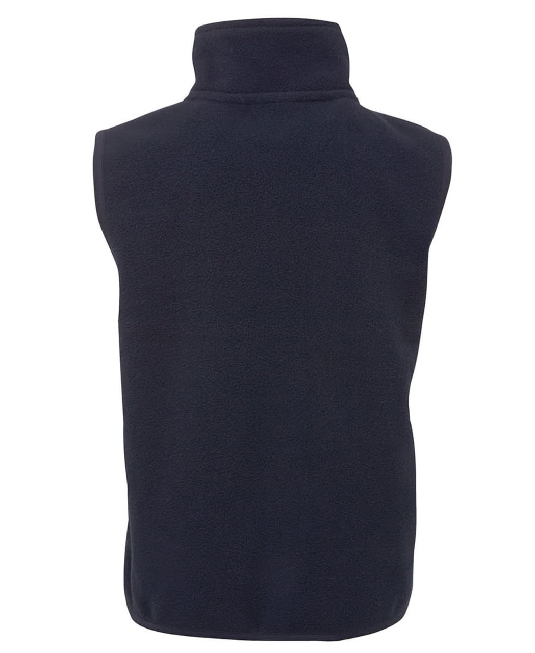 A navy polar vest for kids, featuring a high collar and a sleeveless design. The back view highlights its soft texture.
