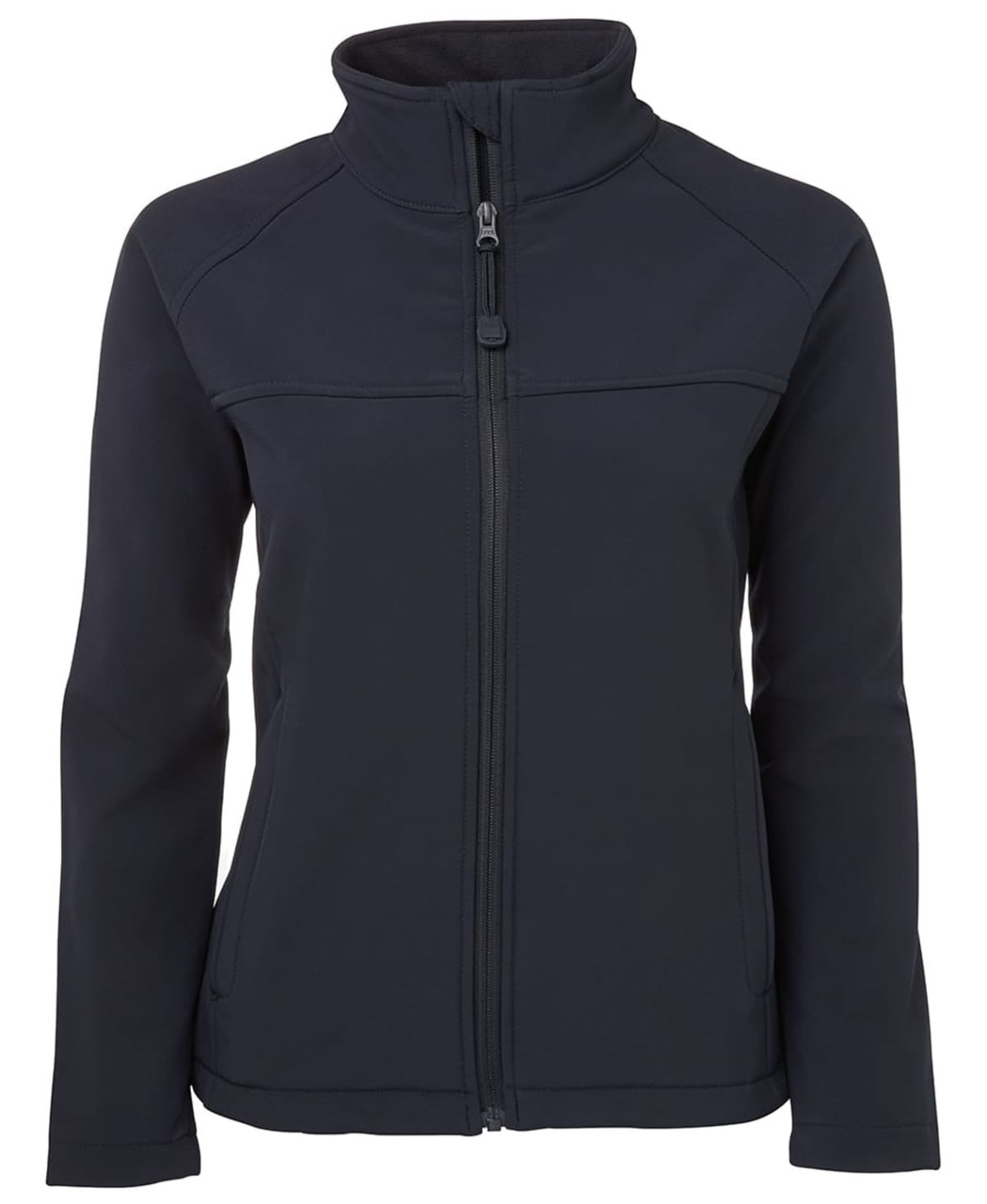 A ladies soft shell jacket in black with a zip-up front and a high collar, featuring a logo.