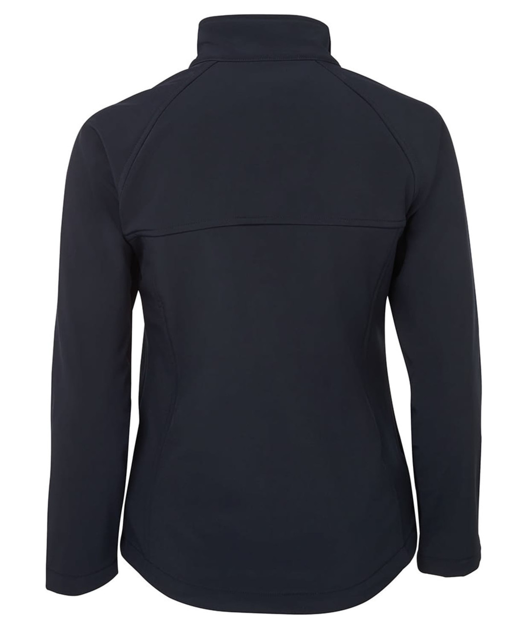 A women's softshell jacket in navy, featuring a high collar and a fitted design. It includes a branding logo.