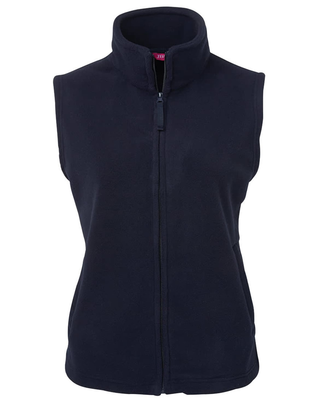 A navy polar vest with a high collar and a front zip, featuring a logo on the chest area.