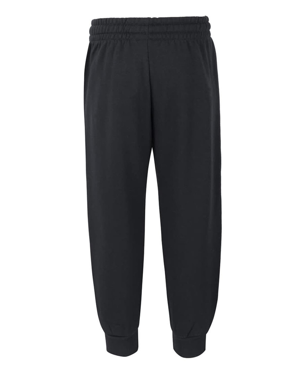 Black track pants with an elastic waistband and cuffed hems, featuring a logo on the front.