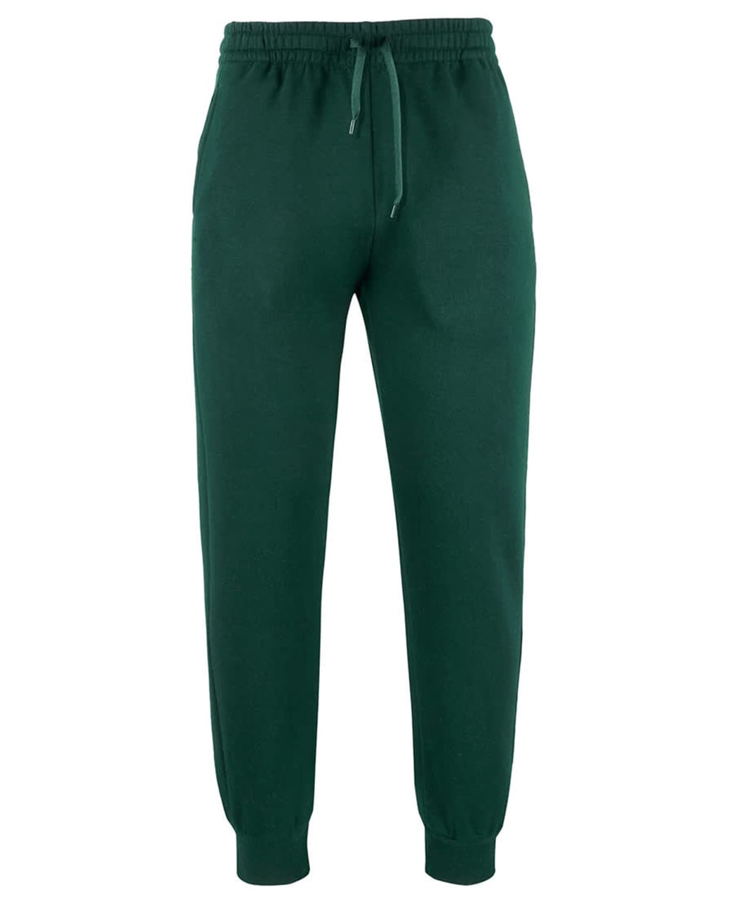Green track pants with an elastic waistband and cuffs, featuring a drawstring and a small logo.