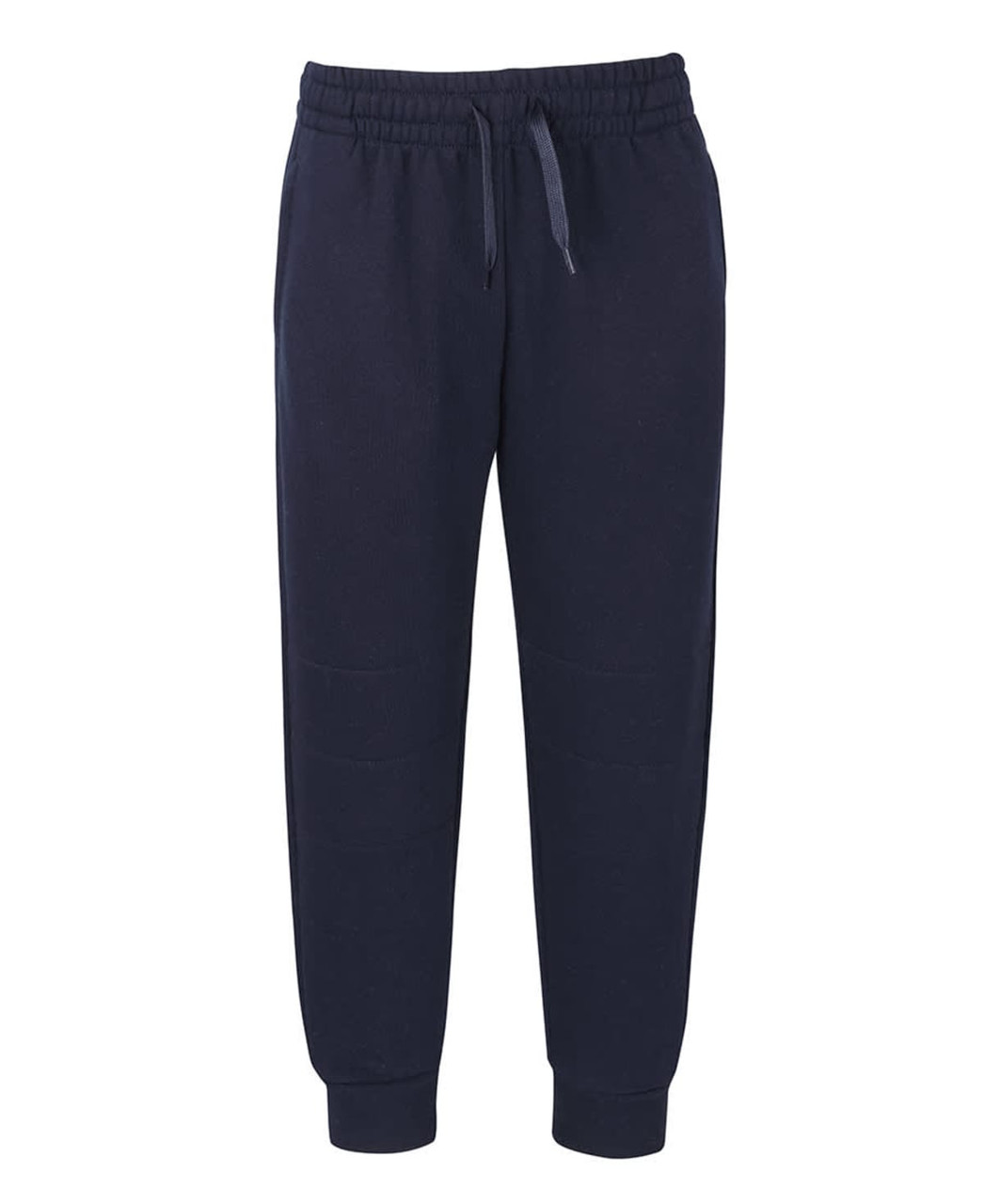 Navy track pants with an elasticated waistband and cuffed hems. Features a logo on the design.