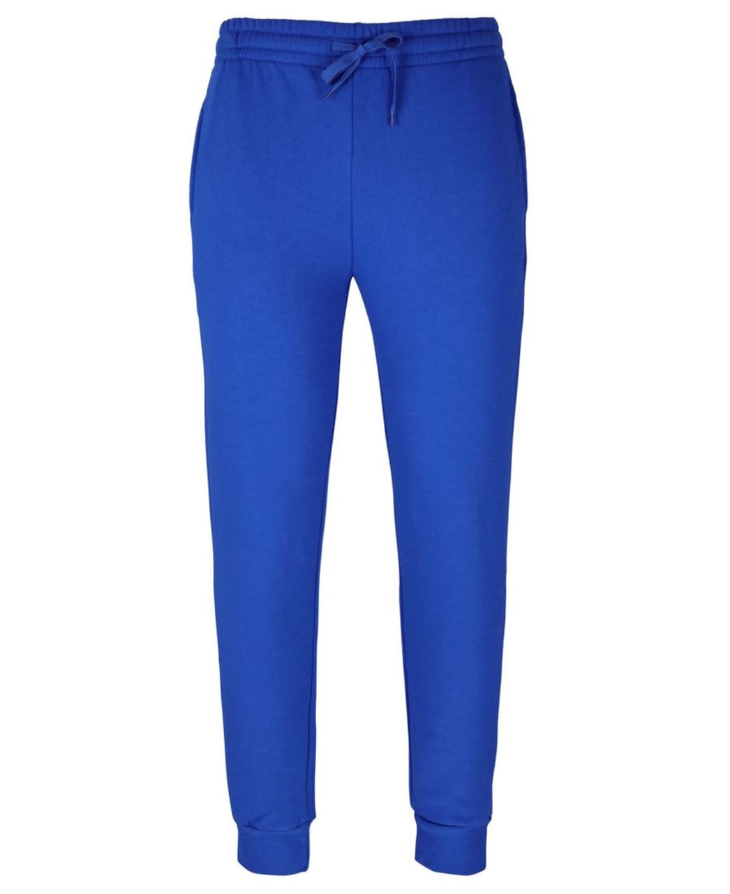 Bright blue track pants with a drawstring waistband and ankle cuffs. The design features a logo on the front.