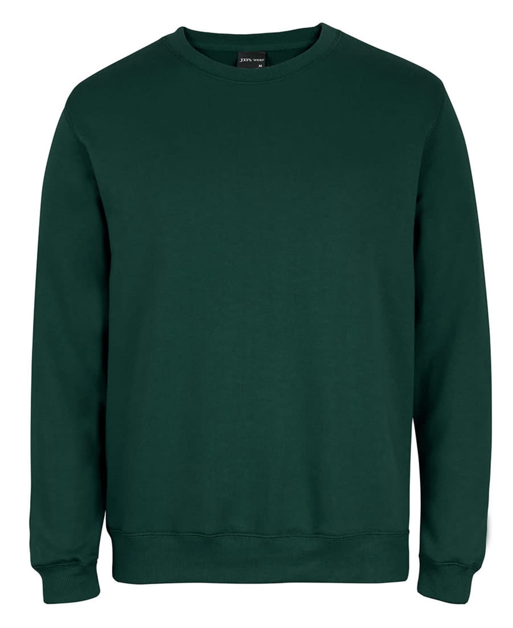 A green jumper with a crew neck and long sleeves, featuring a logo on the label.