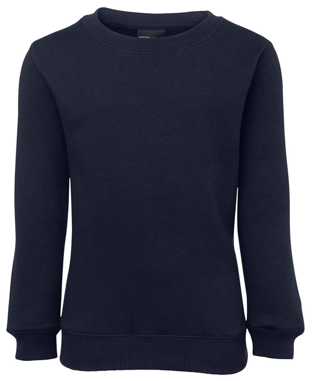 A navy blue jumper with long sleeves and a ribbed neckline. It features a plain design and has a logo.