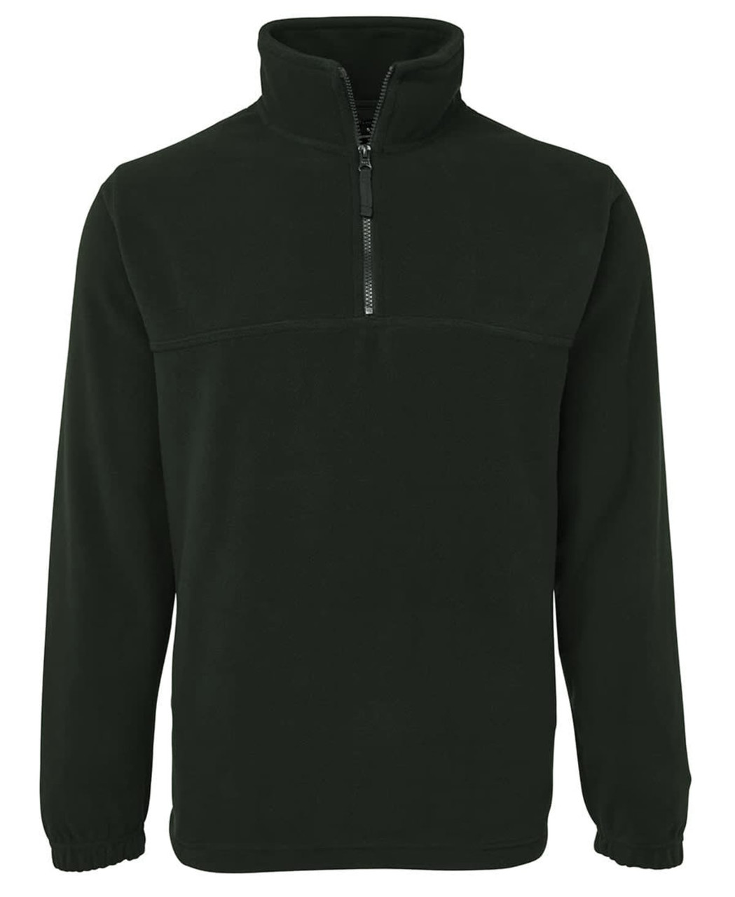 A dark green polar fleece jumper with a half zip and a raised collar, featuring a logo on the chest.