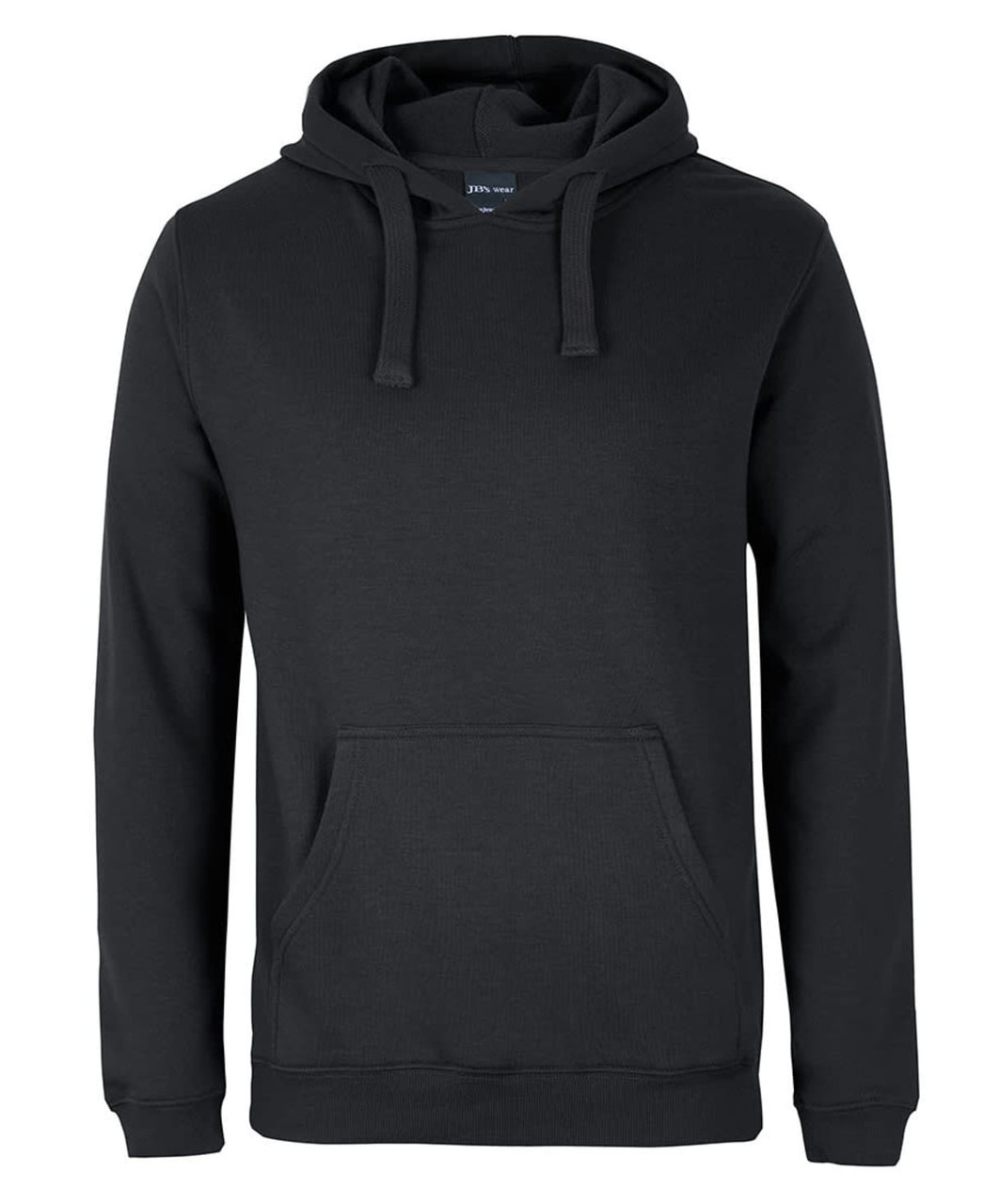 A dark green hoodie featuring a front pocket and drawstring hood. It has a logo on the label.
