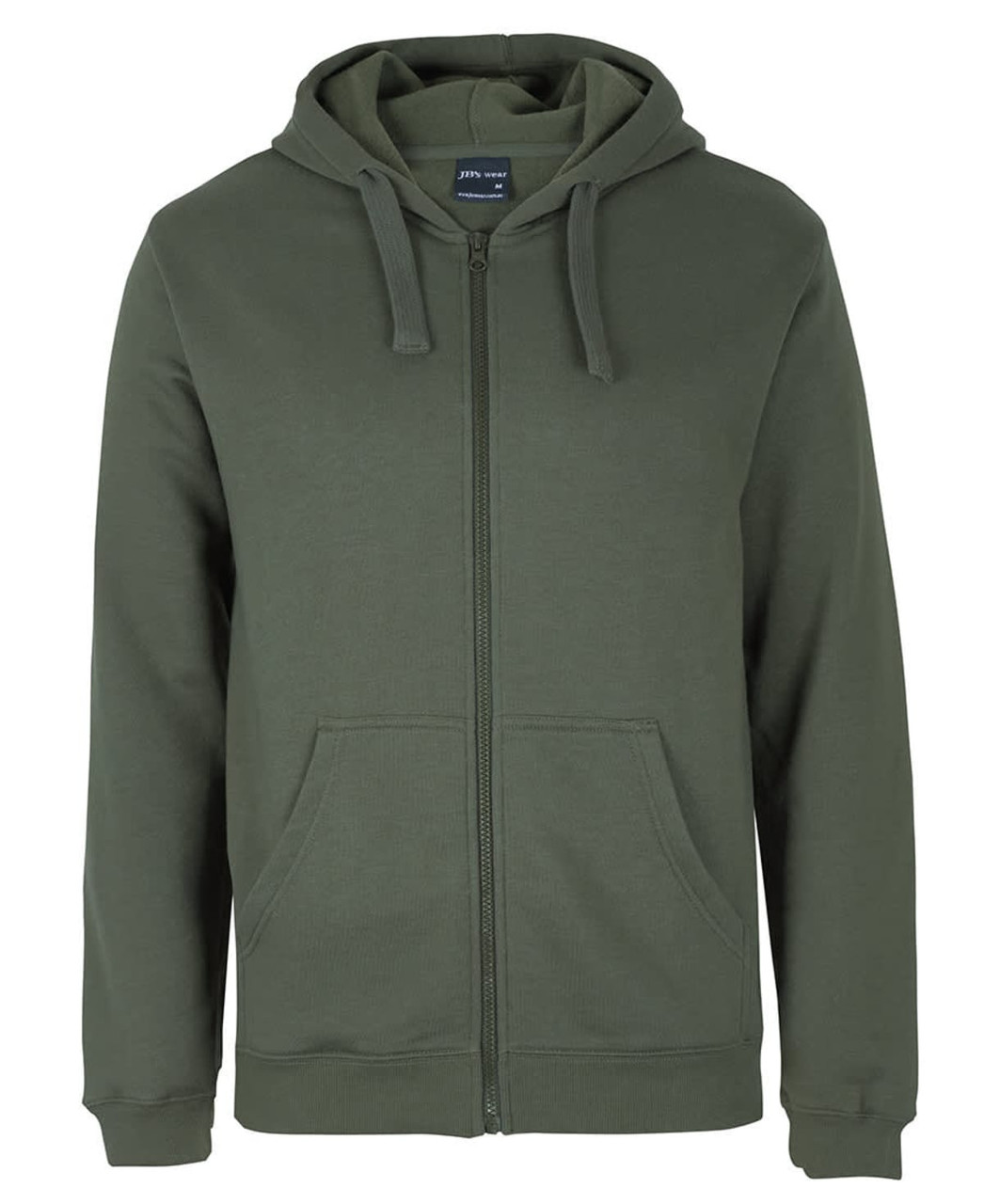 A green hoodie with a front zipper, drawstring hood, and side pockets, featuring a branding logo.