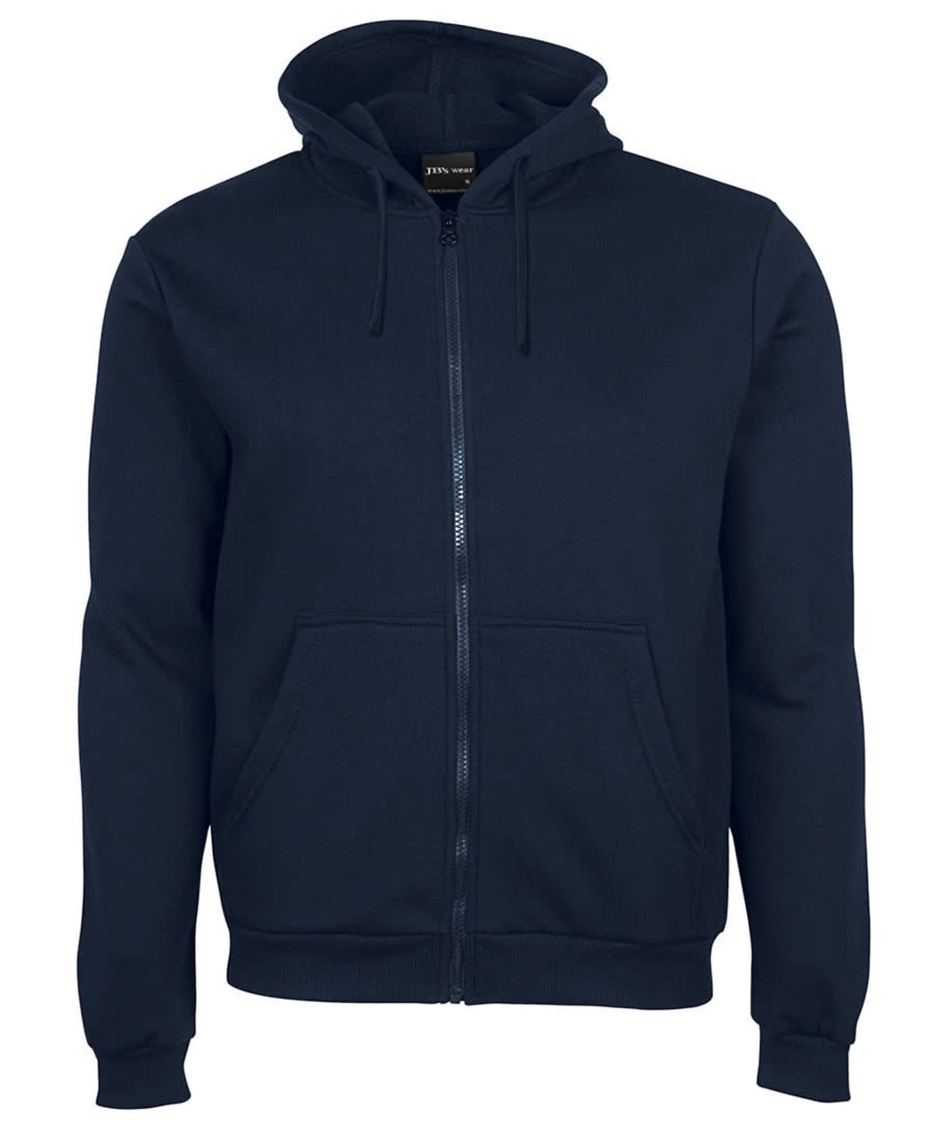 A dark navy hoodie with a zip front, featuring a hood and two front pockets. It has a logo on the interior tag.