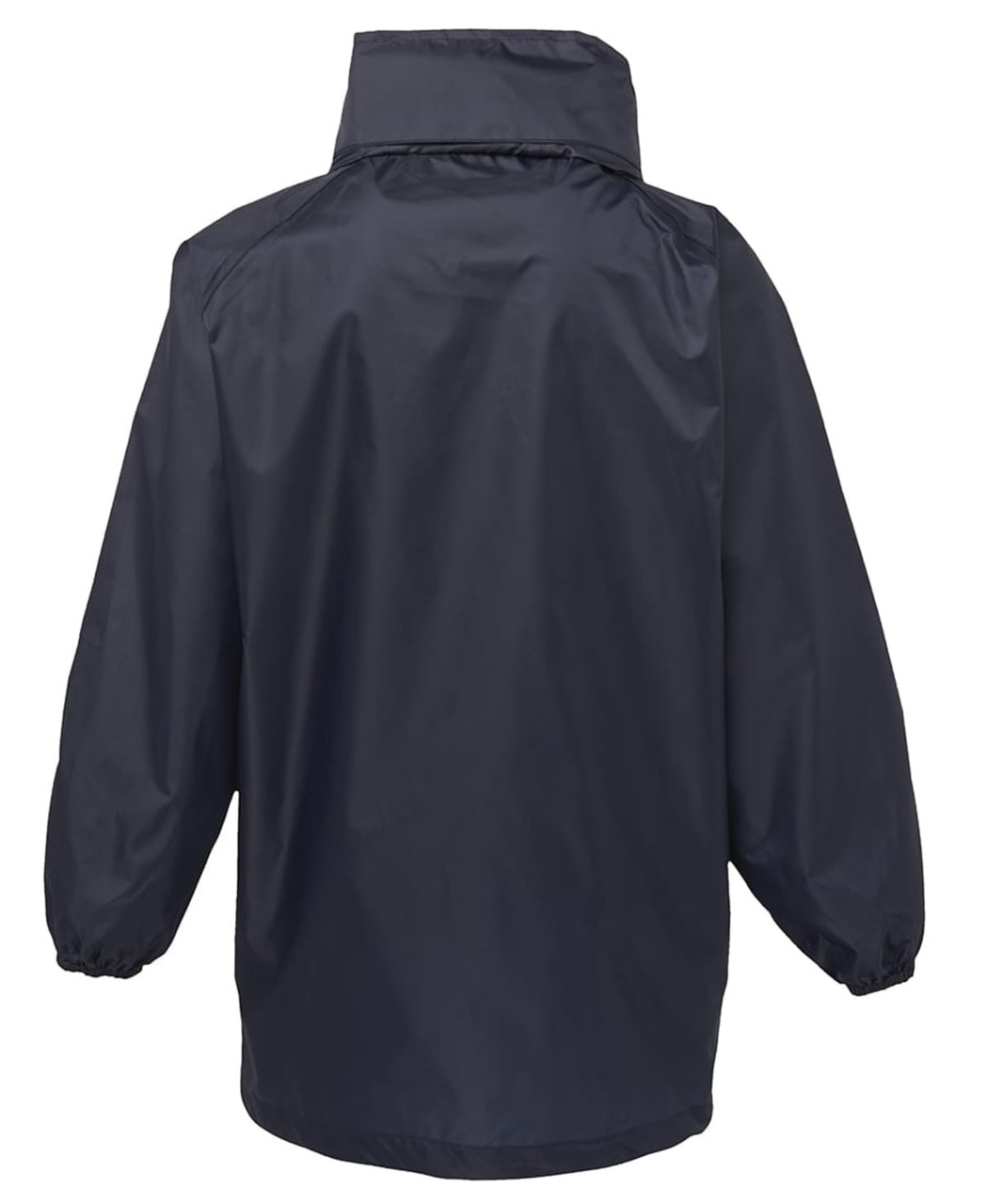 A dark navy rain jacket with elastic cuffs and a high collar, featuring a logo on the back.