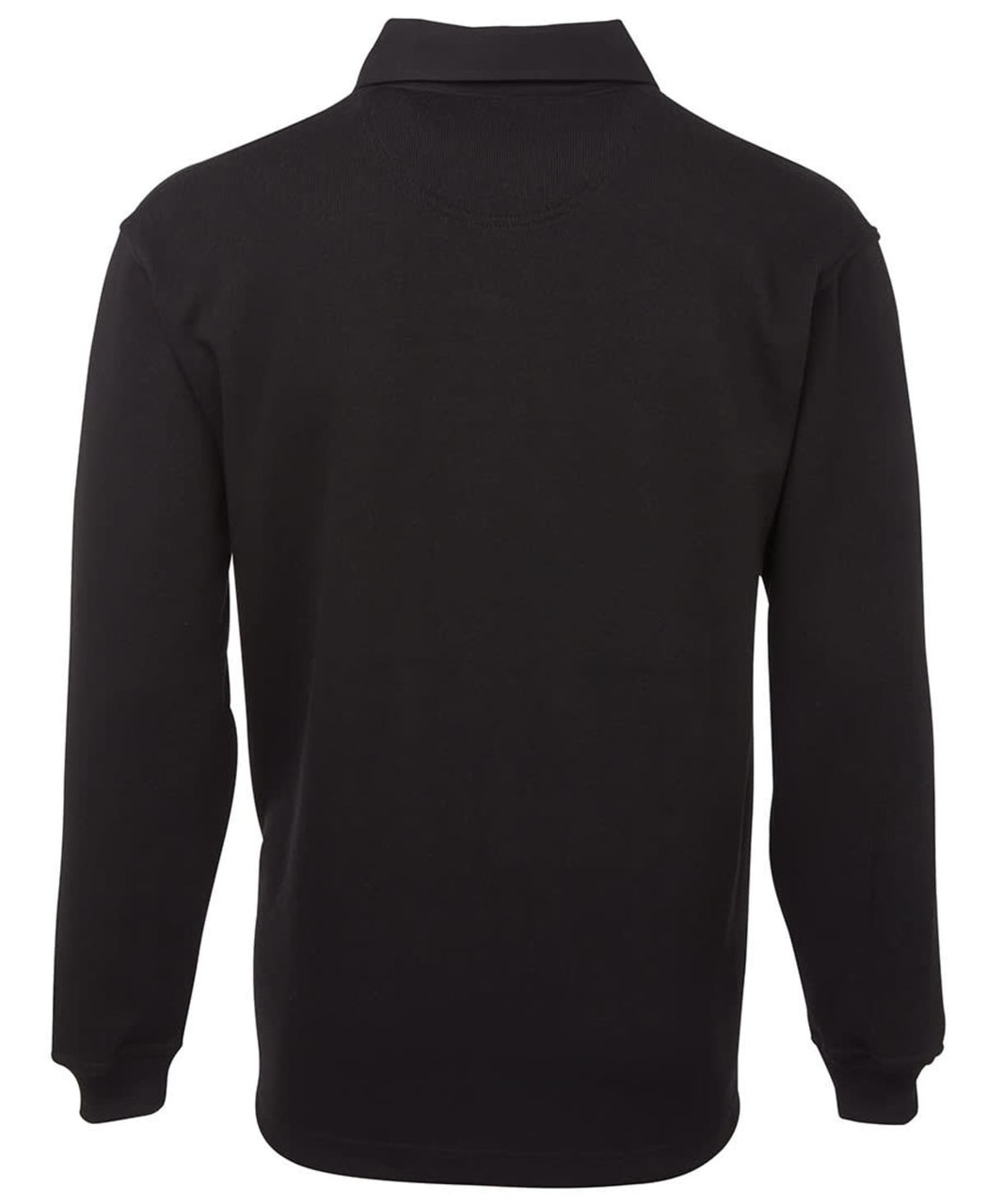 A black long-sleeve rugby shirt featuring a collar and one logo. The shirt has a two-tone design.