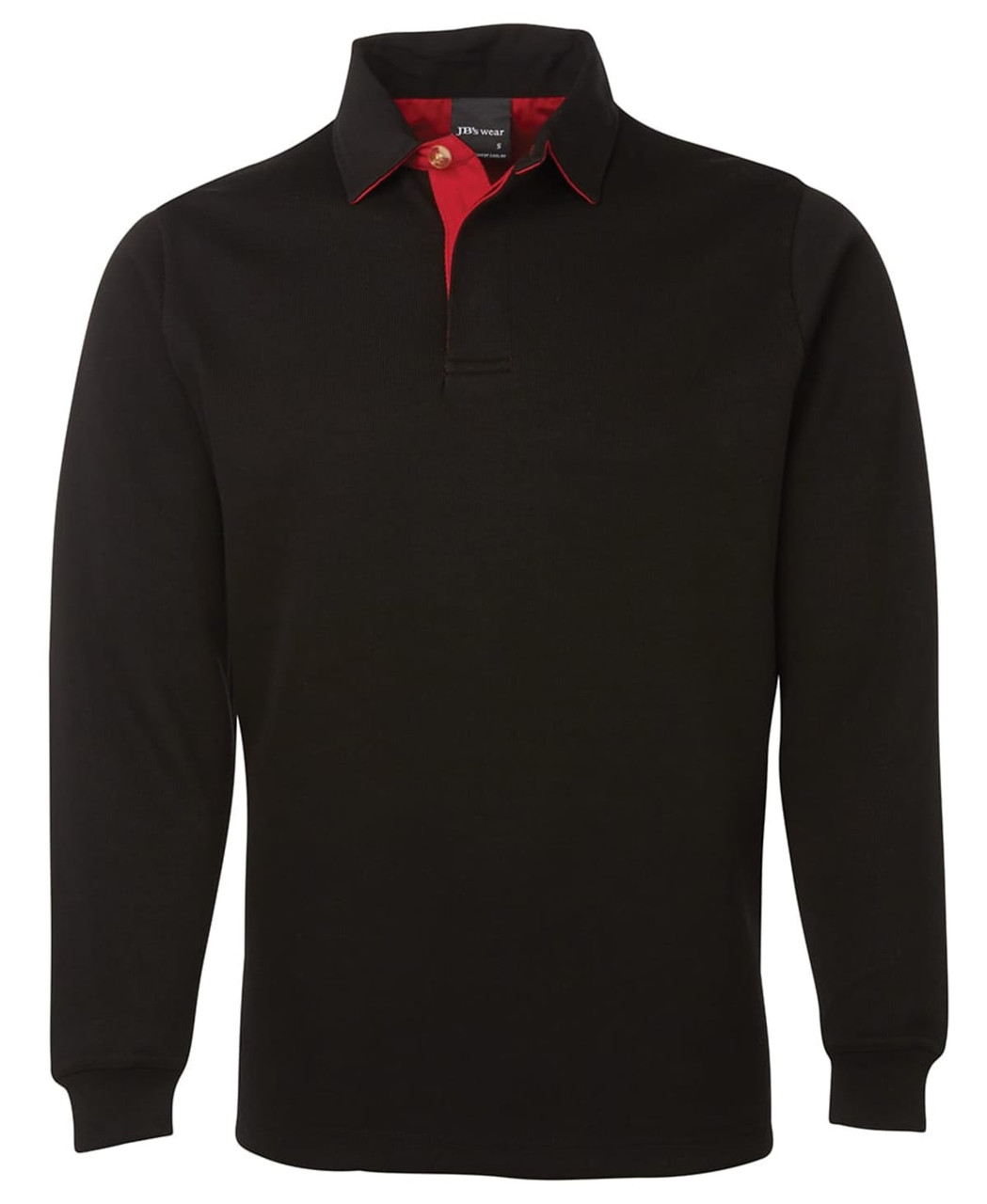 A black rugby shirt with a red collar and accents, featuring a long sleeve design and a logo.