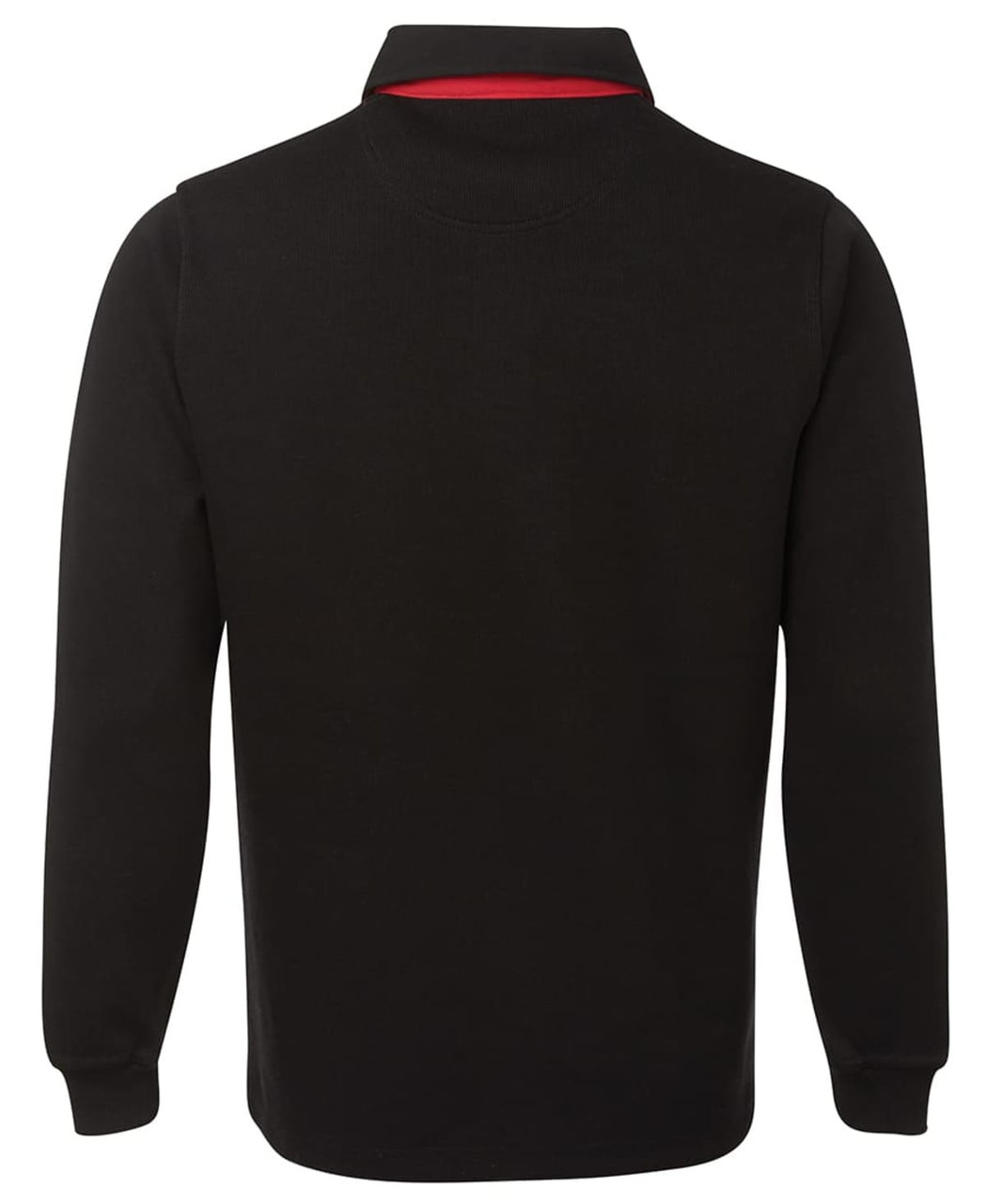 A two-tone black rugby shirt with a red collar, featuring long sleeves and a logo on the front.