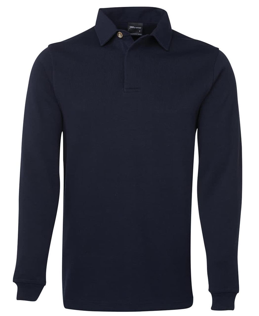 A two-tone navy rugby shirt featuring long sleeves and a classic polo collar, with a logo on the chest.