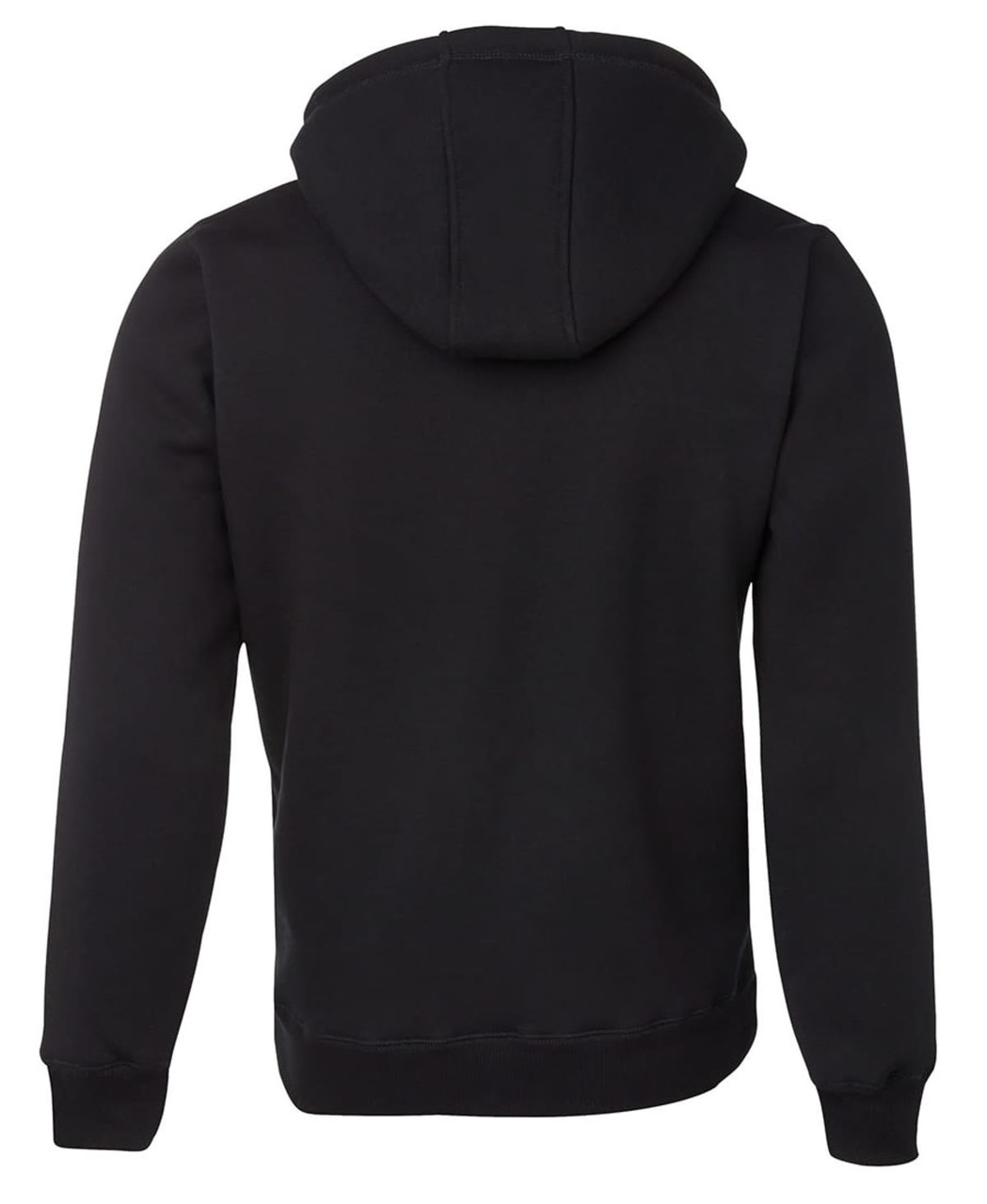 A black hoodie with a natural-coloured inner hood and a branded logo on the back.