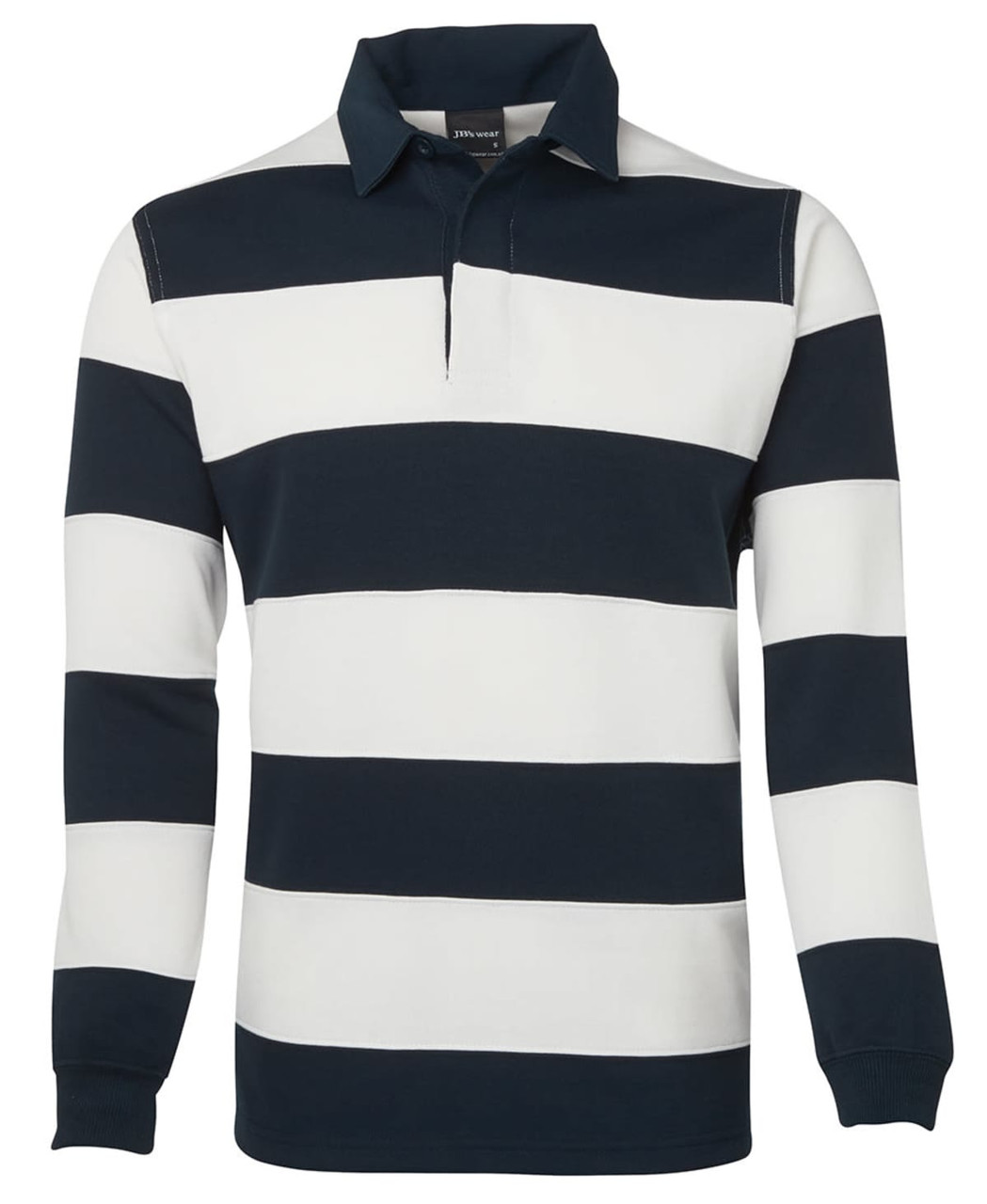 A rugby-style striped shirt in navy and white, featuring long sleeves and a collared neckline. It has a logo on the chest.