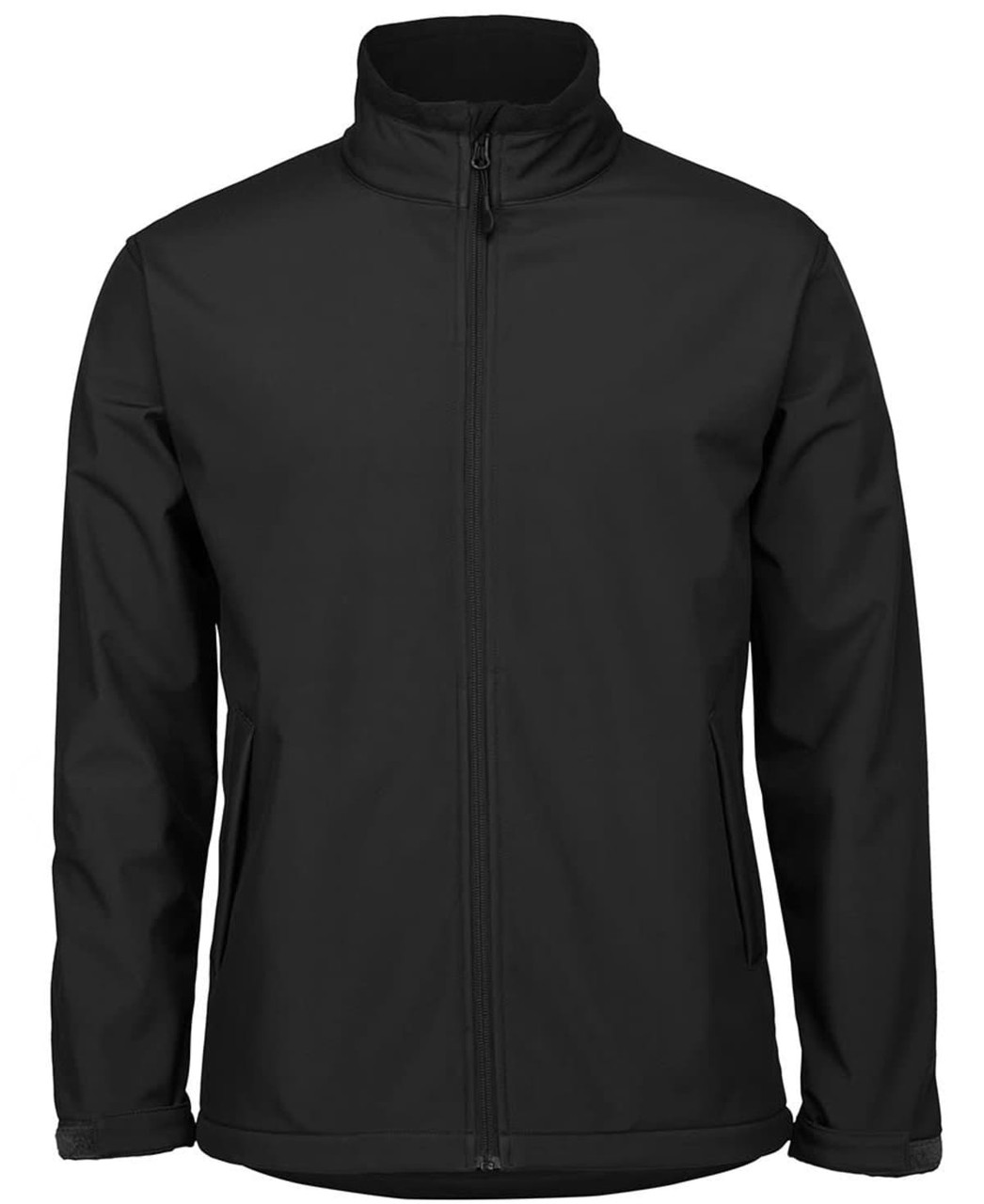 A black soft shell jacket featuring a front zipper and side pockets, with a branding logo.