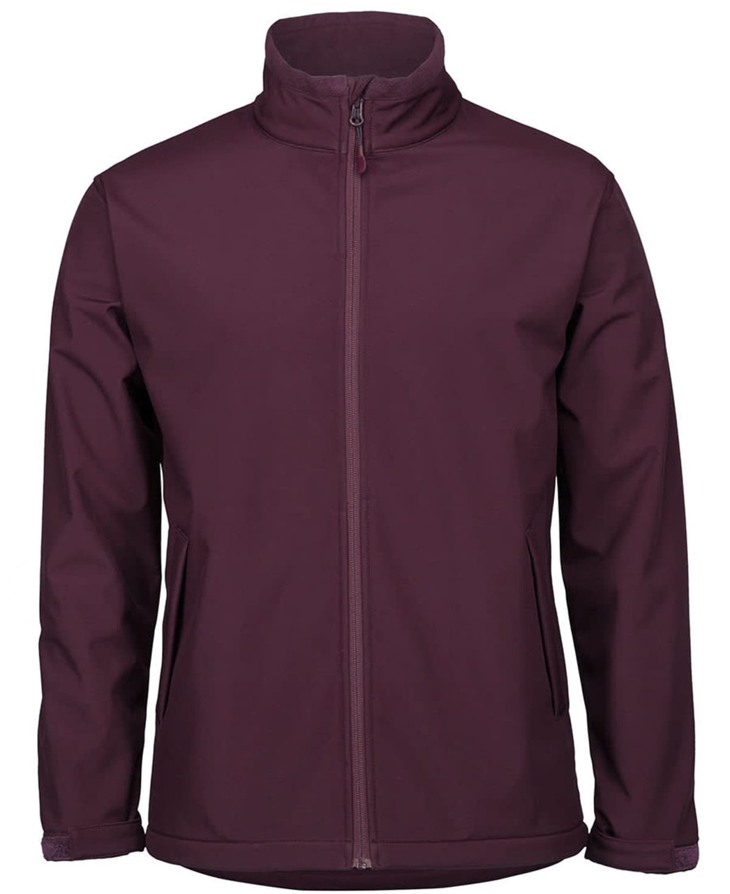 A maroon soft shell jacket with a high collar and side pockets, featuring branding on the front.