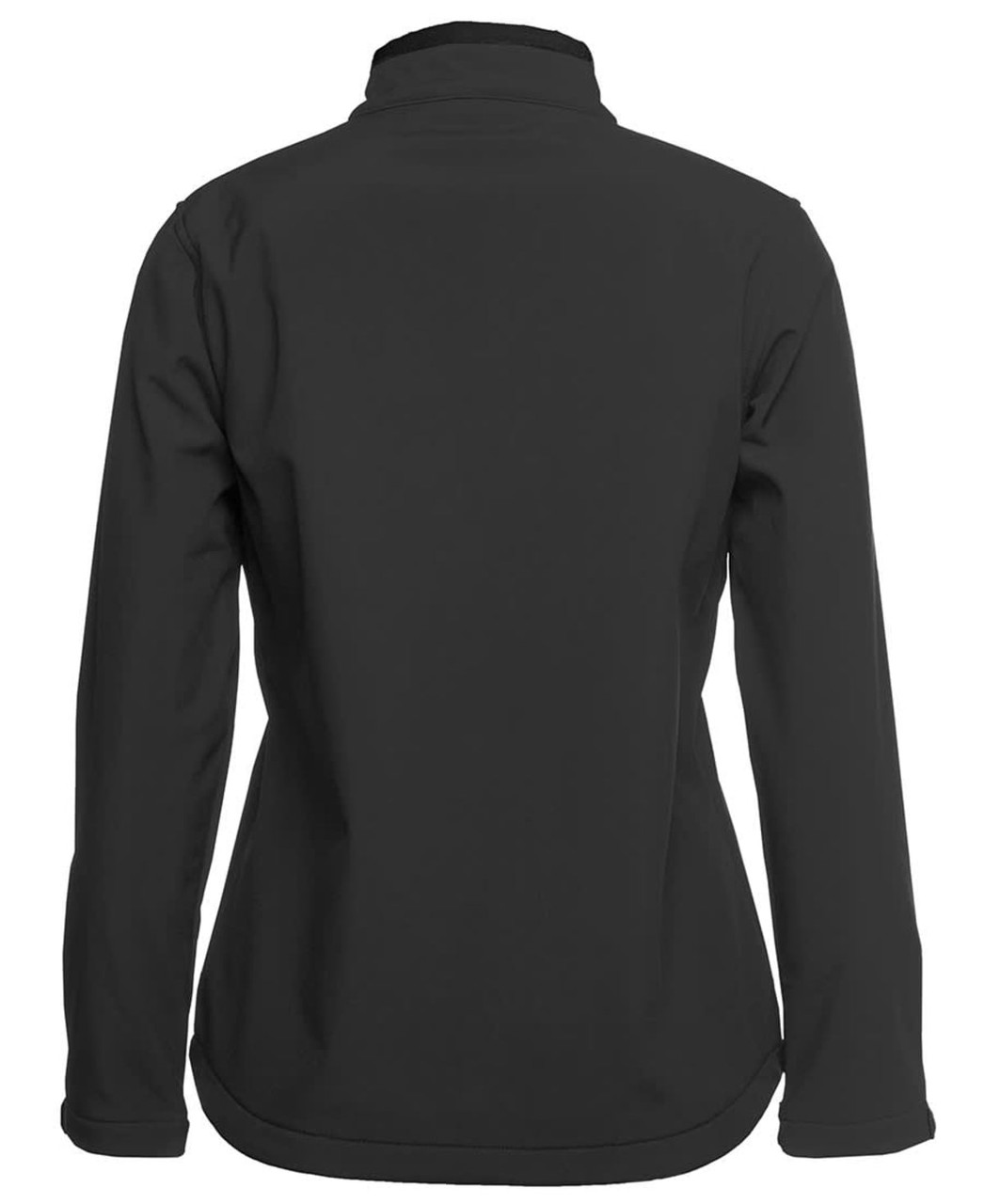 A black softshell jacket with a high collar, featuring a simple design and a logo on the back.