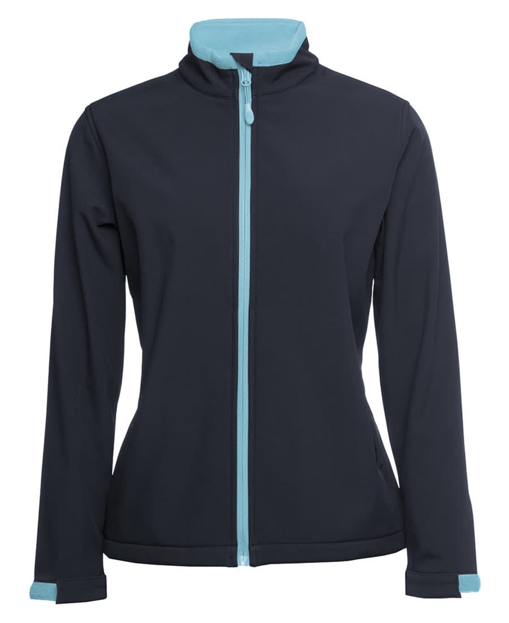 A women's softshell jacket in black with teal accents and a zip front, featuring a logo.