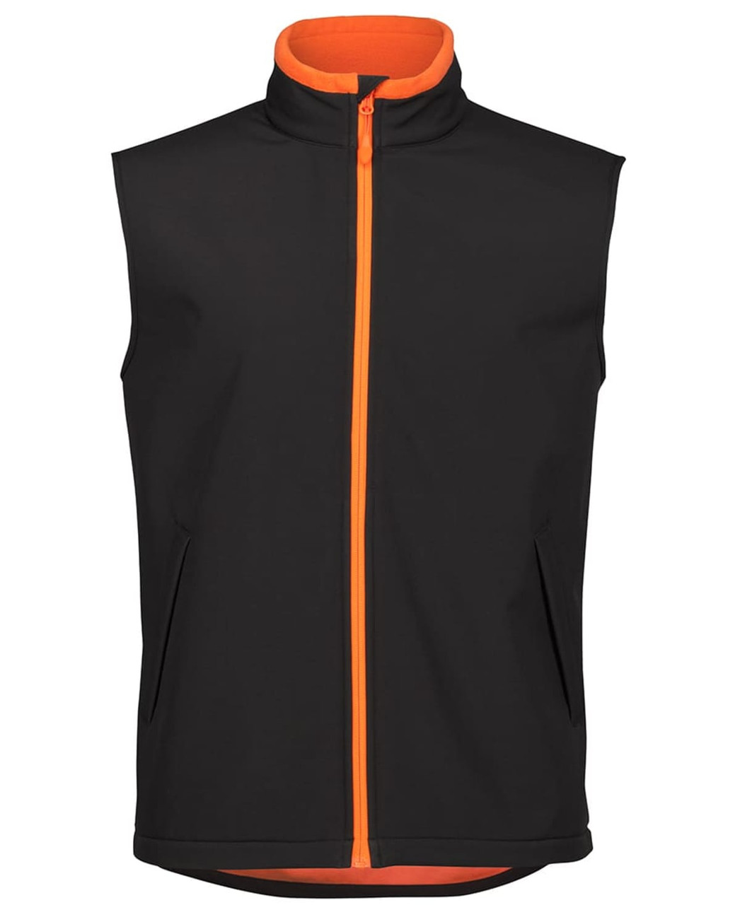 A black three-layer softshell vest with orange accents and a zip closure, featuring side pockets and a high collar.