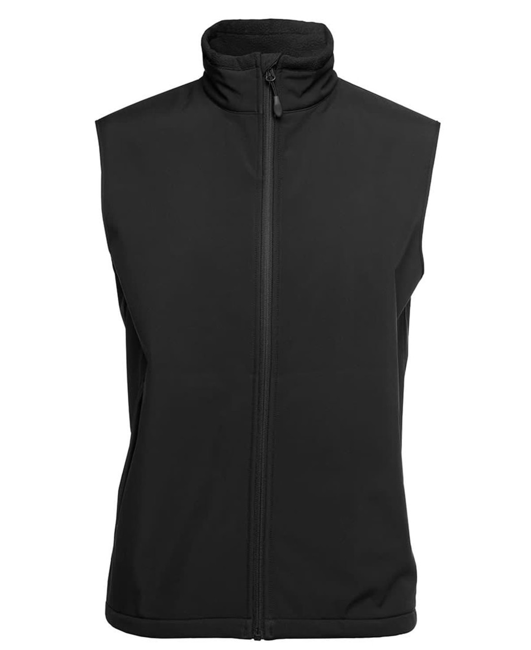 A black three-layer softshell vest with a high collar and a front zipper, featuring a logo.