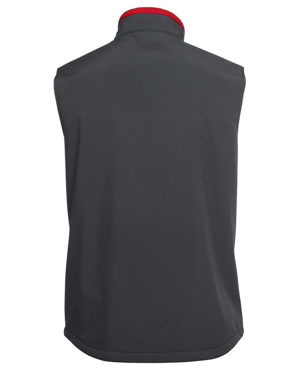 A dark grey three-layer softshell vest with a red collar and a logo on the back.