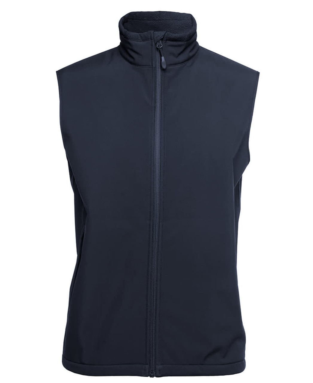 A black three-layer softshell vest with a high collar and a front zipper. It features a logo on the fabric.
