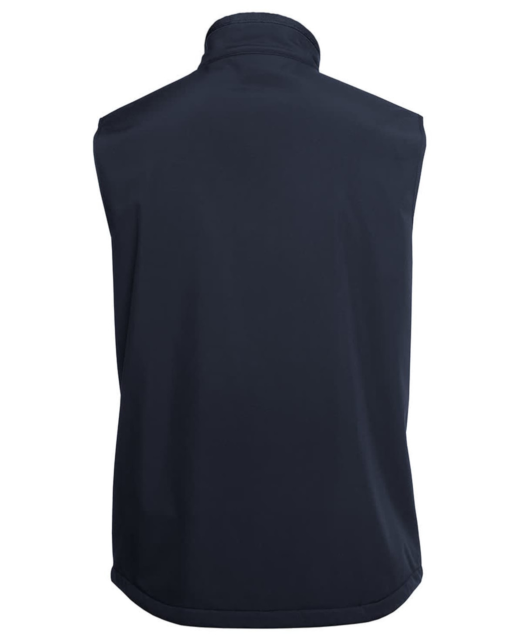 A dark navy three-layer softshell vest with a high collar and no visible front features. Includes a logo.
