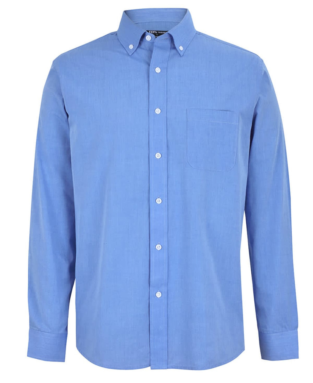 A light blue button-up shirt with long sleeves and a single chest pocket, featuring a collar and buttons.