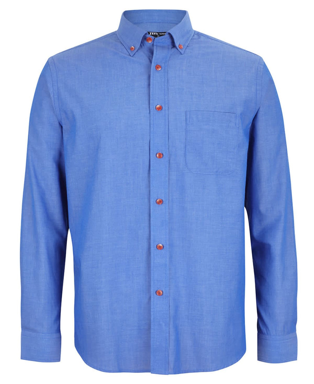 A long-sleeve indigo chambray shirt with a button-up front, featuring a chest pocket and orange buttons.